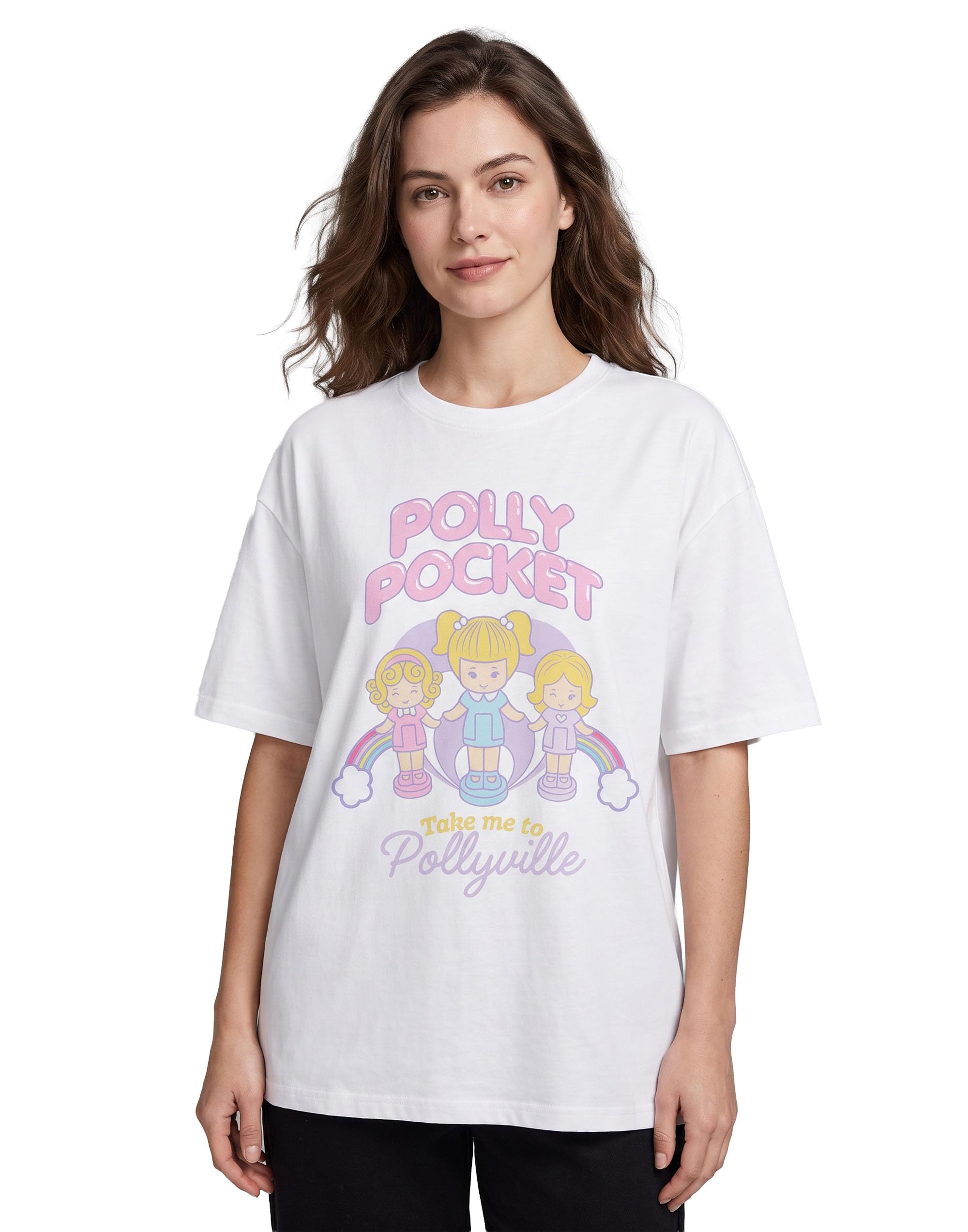 Polly Pocket Women's Pollyville Classic Cartoon T-Shirt In White | Theme Graphic Tee | Crew Neck Short Sleeve Top Characters Apparel | Plain Style Casual Wear | Pull On Tee