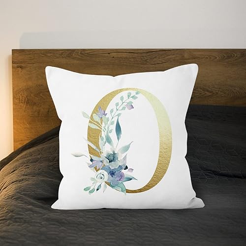 Miniatura 3 de Baocicco 18 x 18 pulgadas, 1 funda de almohada de lino con letras del alfabeto o de flores doradas en acuarela moderna, cuadrada, funda de almohada