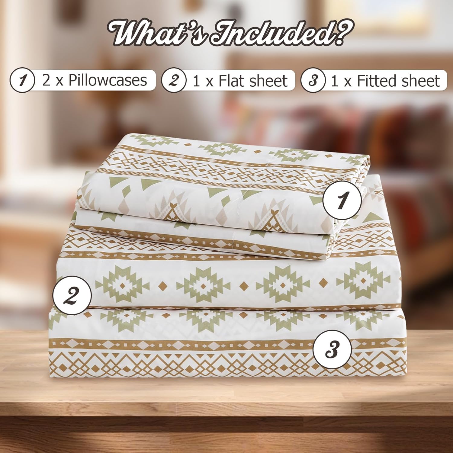 4 Pieces Queen Sheet Set Bohemian, Boho Sheets Soft Microfiber Deep Pocket, Western Sheets Geometric(Queen, Cream Olive Geometric) - Image 7