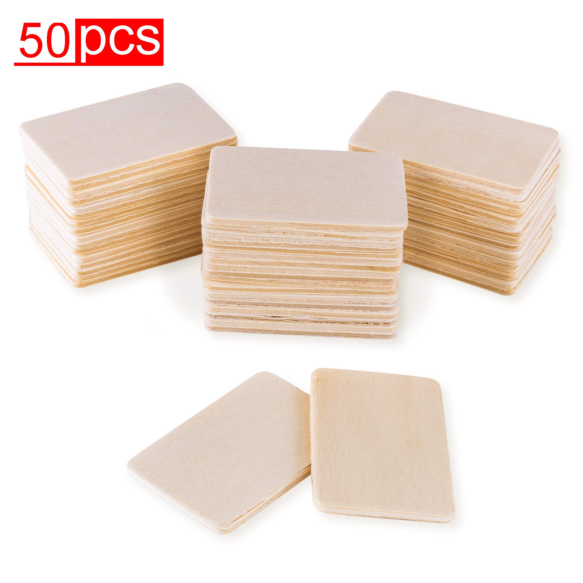 50 Pack Unfinished Natural Wood Rectangle Blank Pieces Wooden Tags Slices for Arts & Crafts, Painting DIY Decorations, Embellish, Burning & Staining (2.08” x 1.37” inches, 3mm)
