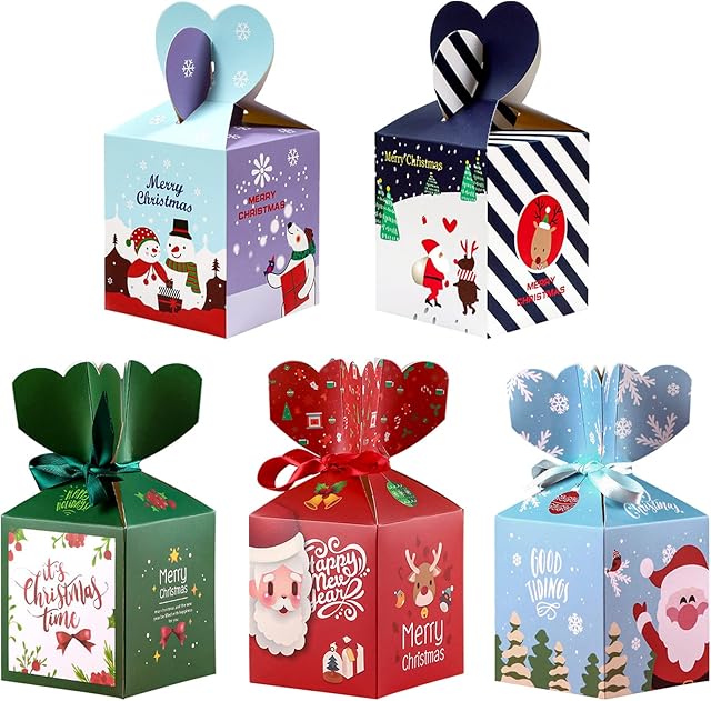BLLREMIPSUR Christmas Candy Boxes, 15 pcs Christmas Kraft Paper Gift Boxes Xmas Cookie Boxes Bakery Treat Boxes with Bow for Christmas Favor