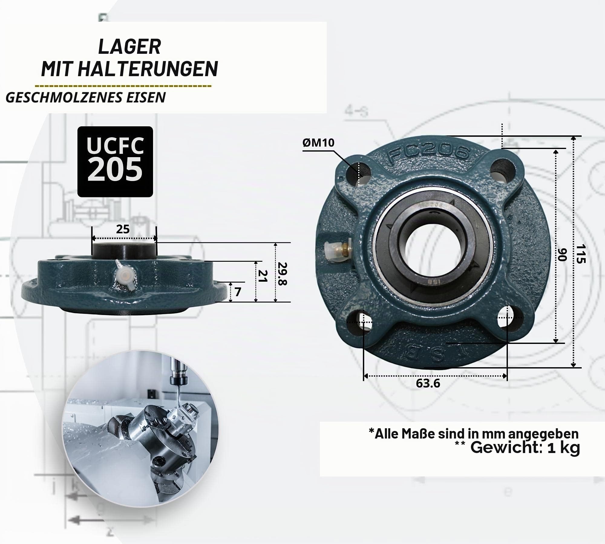 DOJA Industrial | Lager mit Unterstützung UCFC 205 Kugellager mit Unterstützung für Wellenlager (25 mm) Lager mit Stützen für: Fräsmaschine, 3D-Drucker, Drehmaschine, DIY.