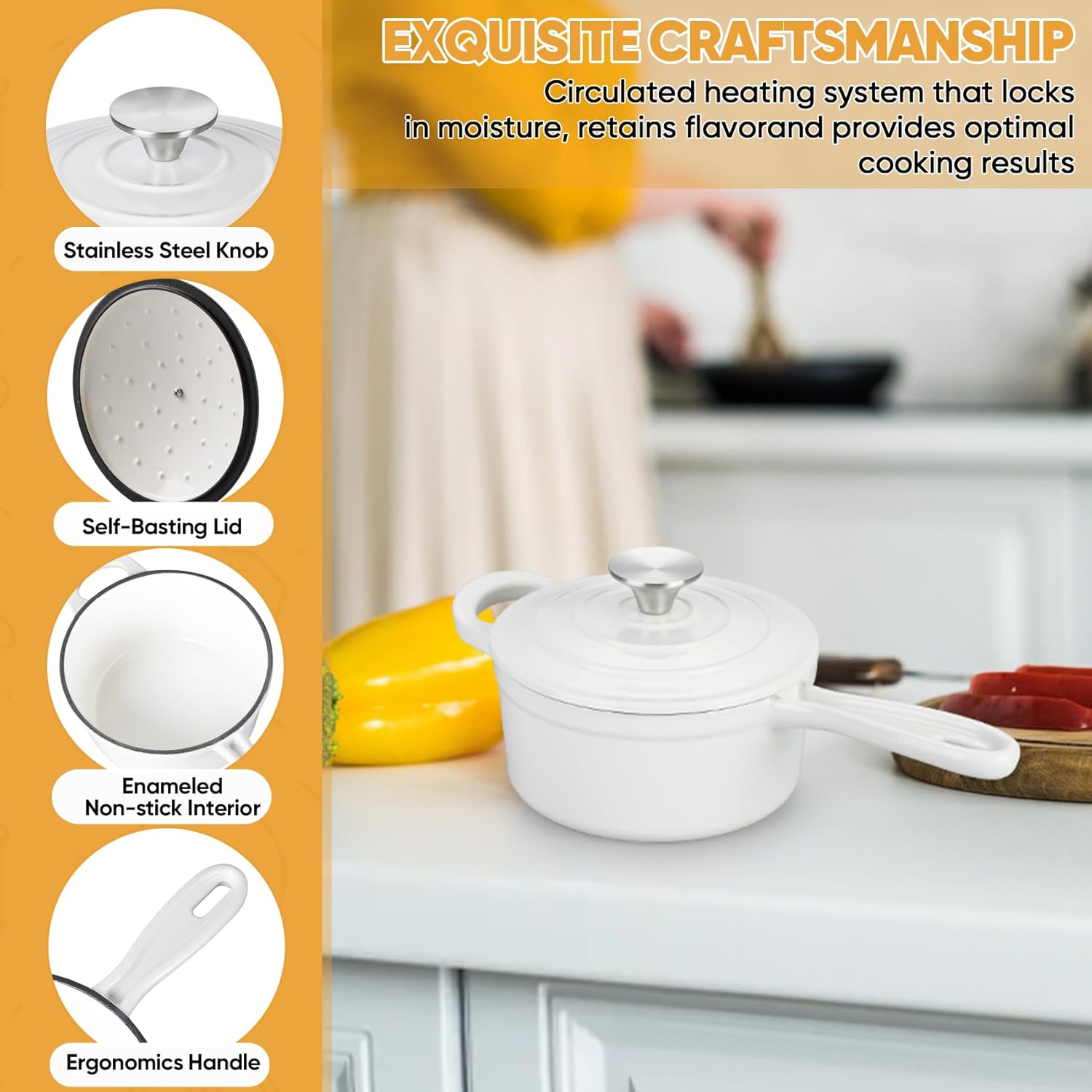 TeamFar 1+2QT Enameled Cast Iron Sauce Pan, Small Sauce Pot with Lid, Mini Dutch Oven Saucepan for Cooking/Simmering/Baking/Boiling, Sturdy & Nonstick, Oven Safe & Fit for Induction - White