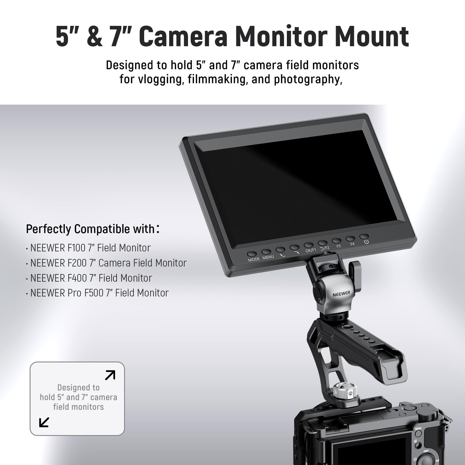 NEEWER Field Monitor Mount Monitorhouder met 1/4 schroef, 360° draaibaar, 180° kantelbaar, anti-twist schroef compatibel met Atomos Ninja 5 & 7 cameramonitor compatibel met SmallRig Camera Cage