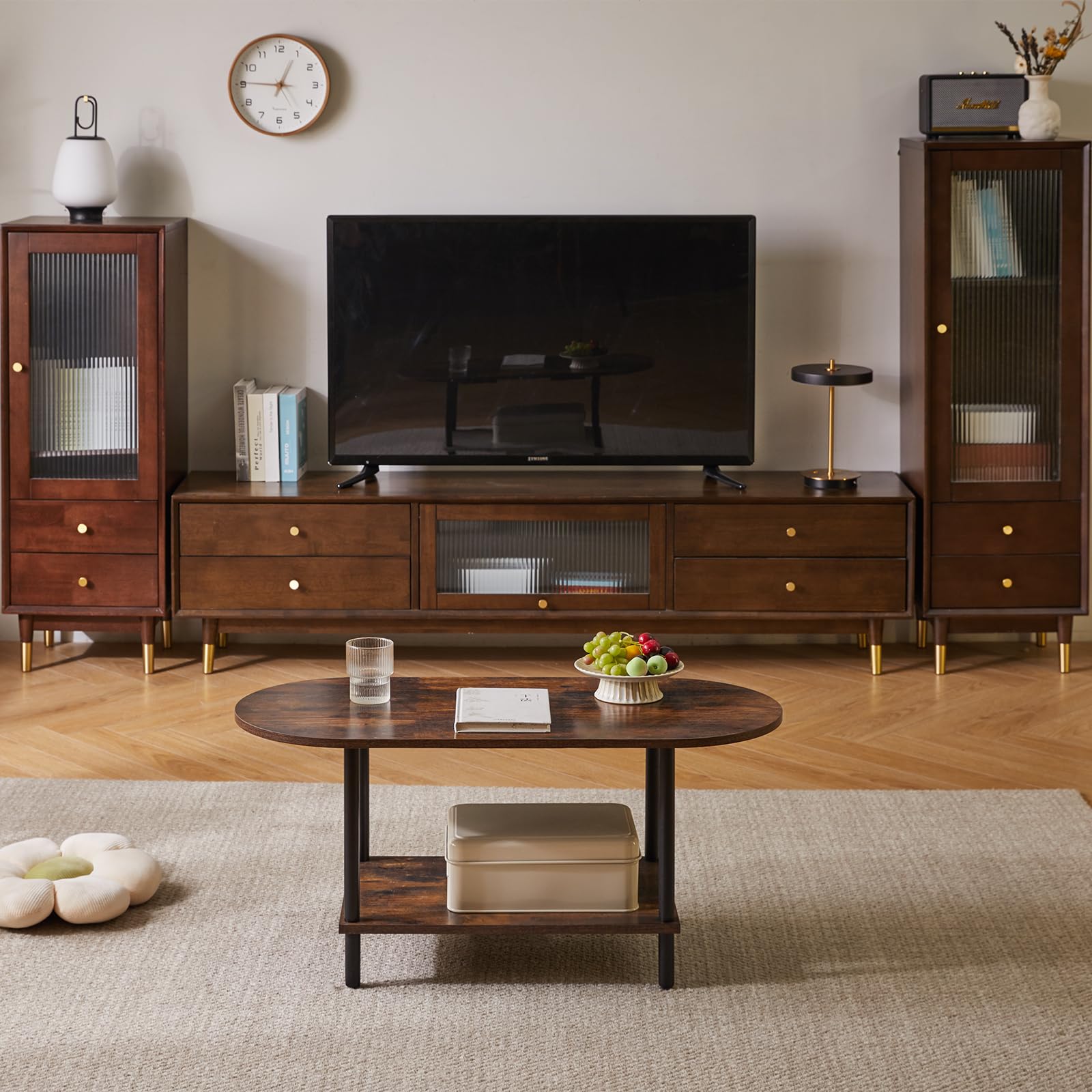 Mesa de centro rústica pequeña, mesa de centro de TV de 35 x 16 x 17 pulgadas, mesa de té ovalada de madera de 2 niveles para sala de estar, apartamento, marrón rústico YD-012H 7