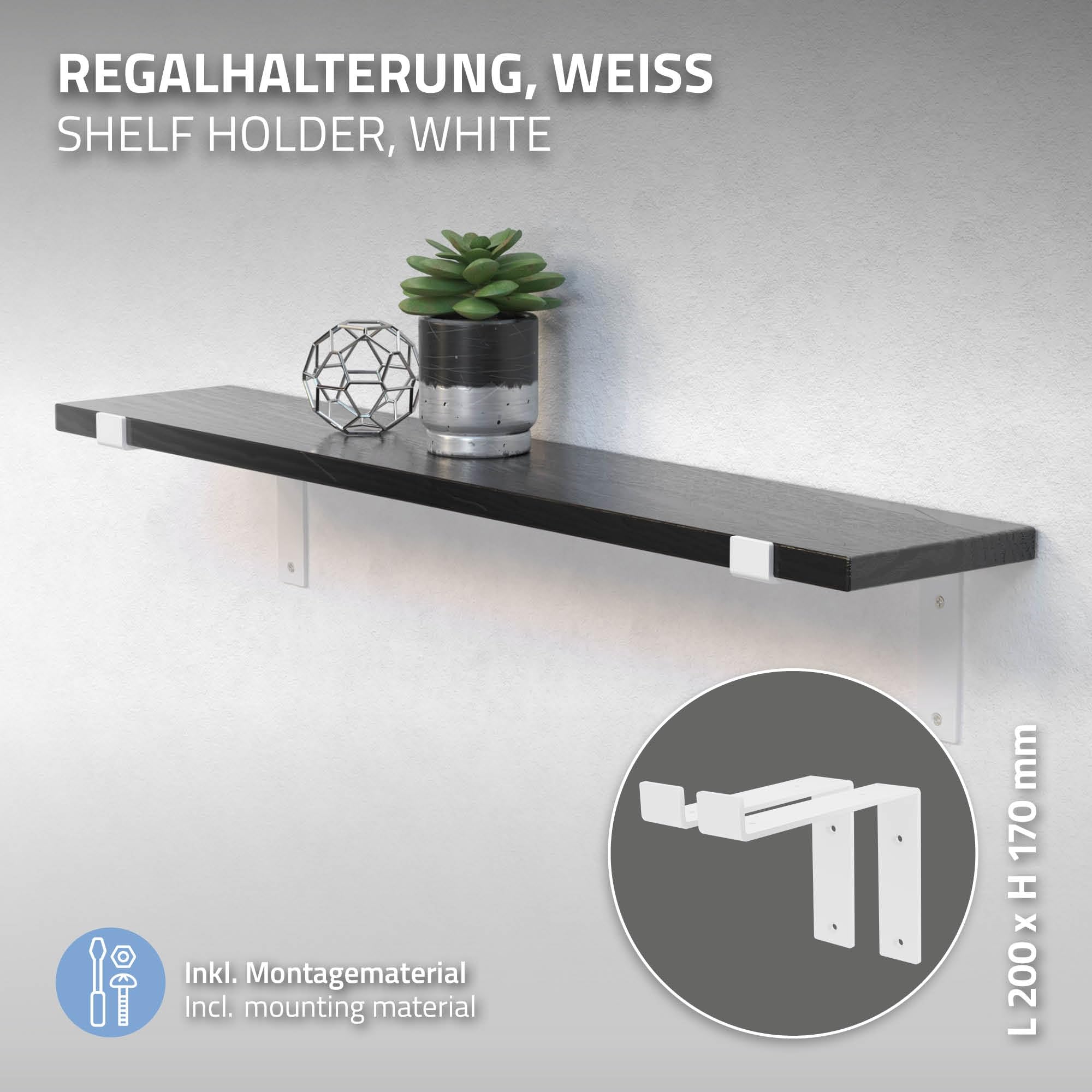 Regalhalterungen 2er Set Aus Metall – Für 20-25 Cm Tiefe Regalböden, Schwarz, Mit Montagematerial