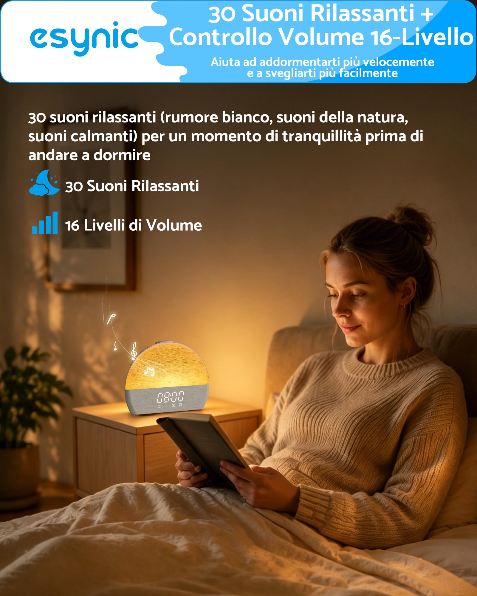 eSynic 2 in 1 Sveglia ad Alba con 30 Suoni Rilassanti – Display Dimmerabile, Luce Notturna e Volume Regolabili, Timer e Snooze, Design Semi-Circolare, Sunrise Alarm Clock da Comodino con Spina