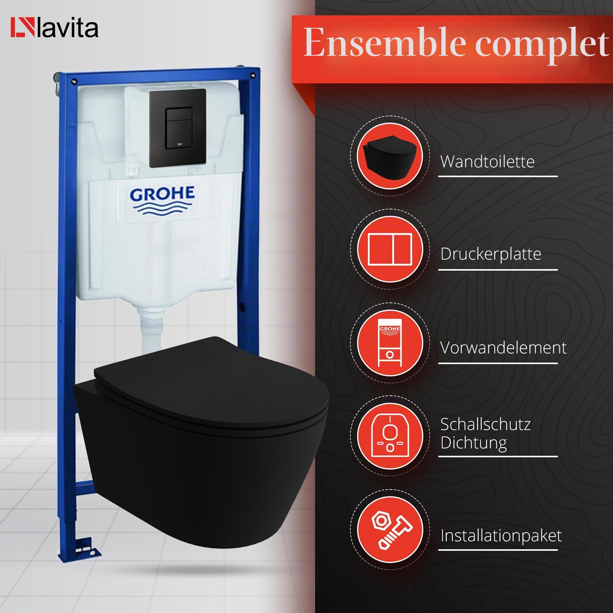 LAVITA | Élément mural Solido + WC suspendu mural Praia noir sans bord + abattant WC SoftClose | Bouton noir | Kit complet | Réservoir de chasse encastré | Kit complet | WC complet |