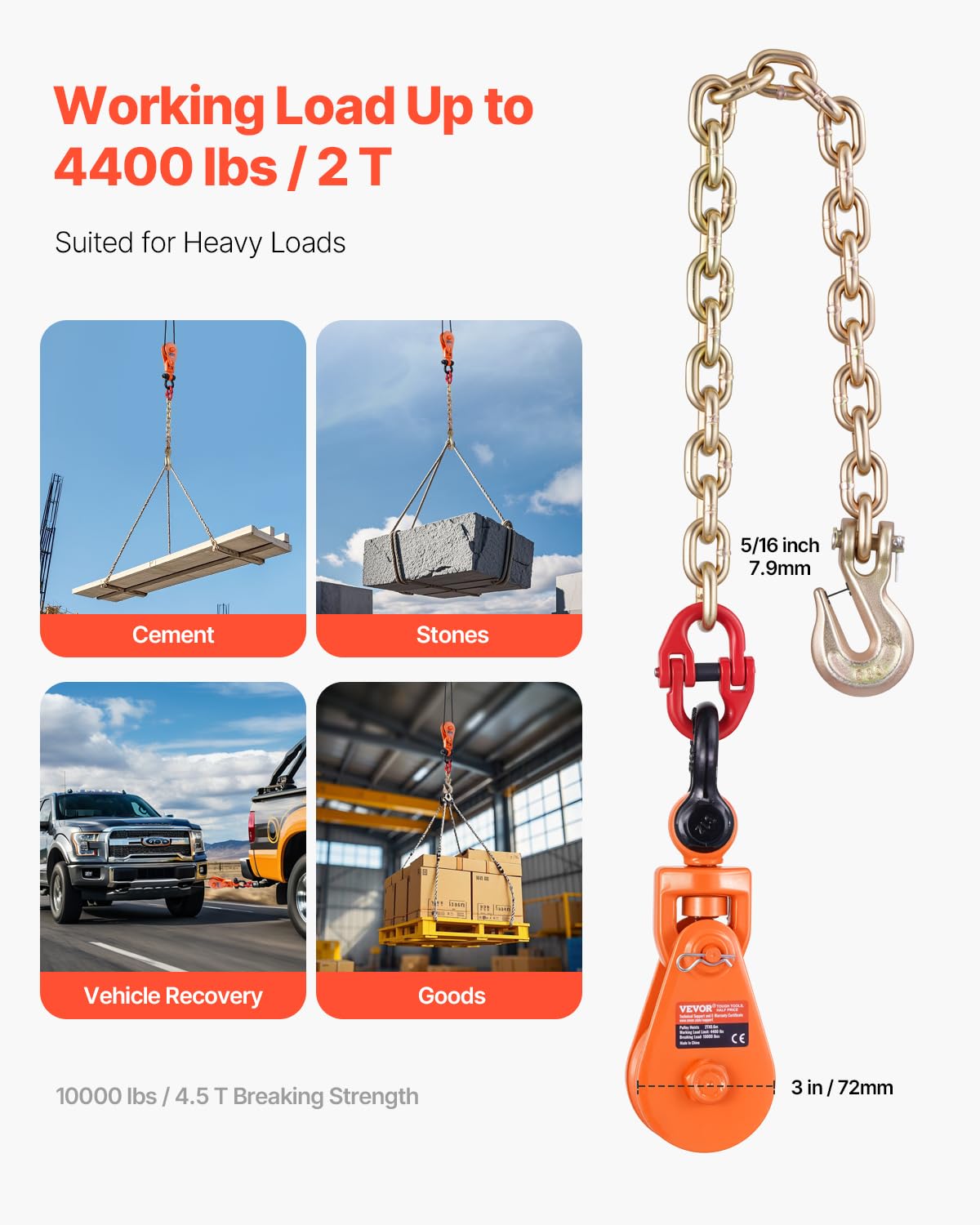 VEVOR Bloc d'arrachage avec chaîne G80, 2 T, poulie de mouflage 74 mm pour corde de 9,5 mm, pour applications de remorquage et de récupération à plat, dépanneuse à recul, câble de transport de voiture