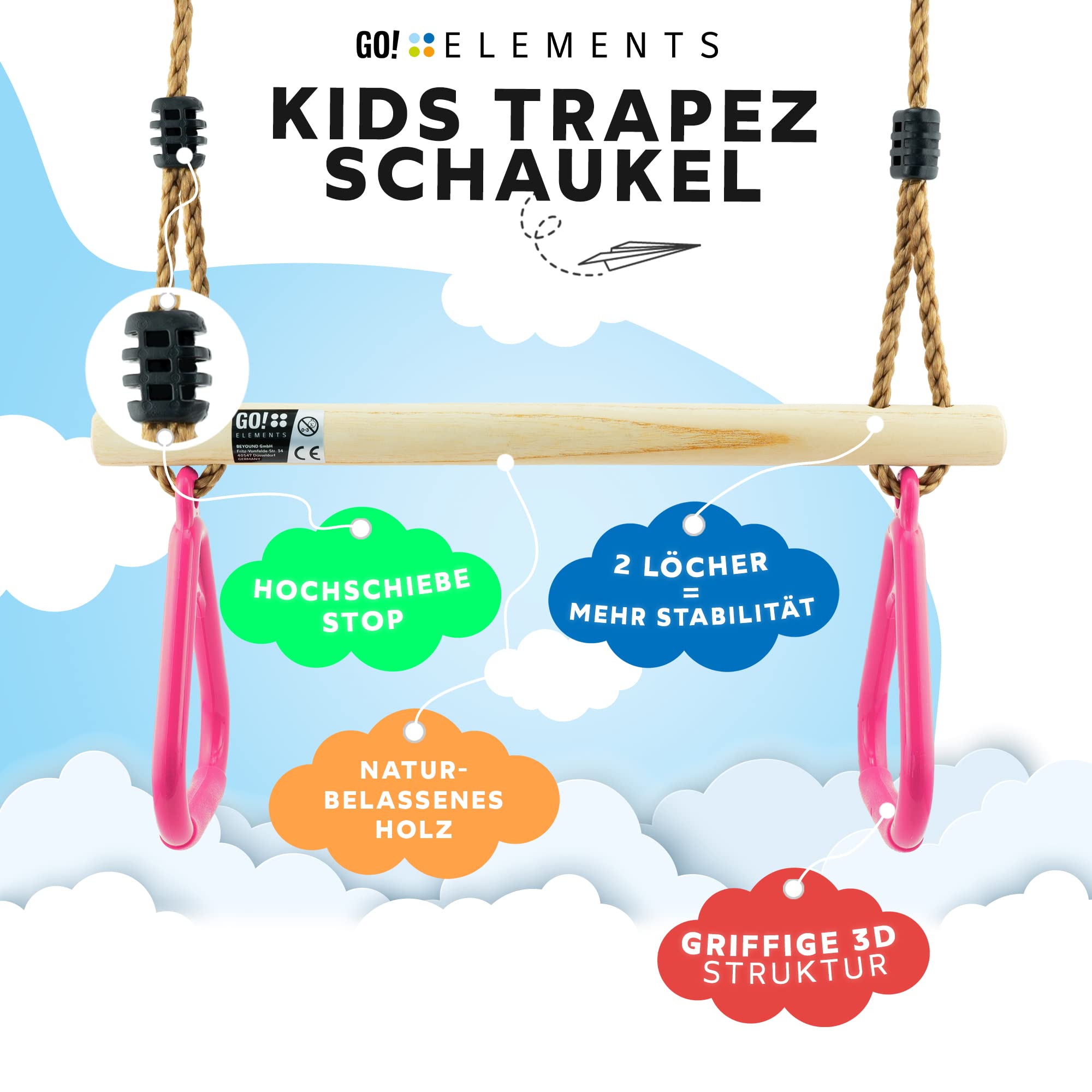 Trapez Schaukel Garten Kinderschaukel Outdoor Indoor Höhenverstellbar rutschfest Schaukelsitz robuste Schaukel mit Holzstange Kunststoffringen