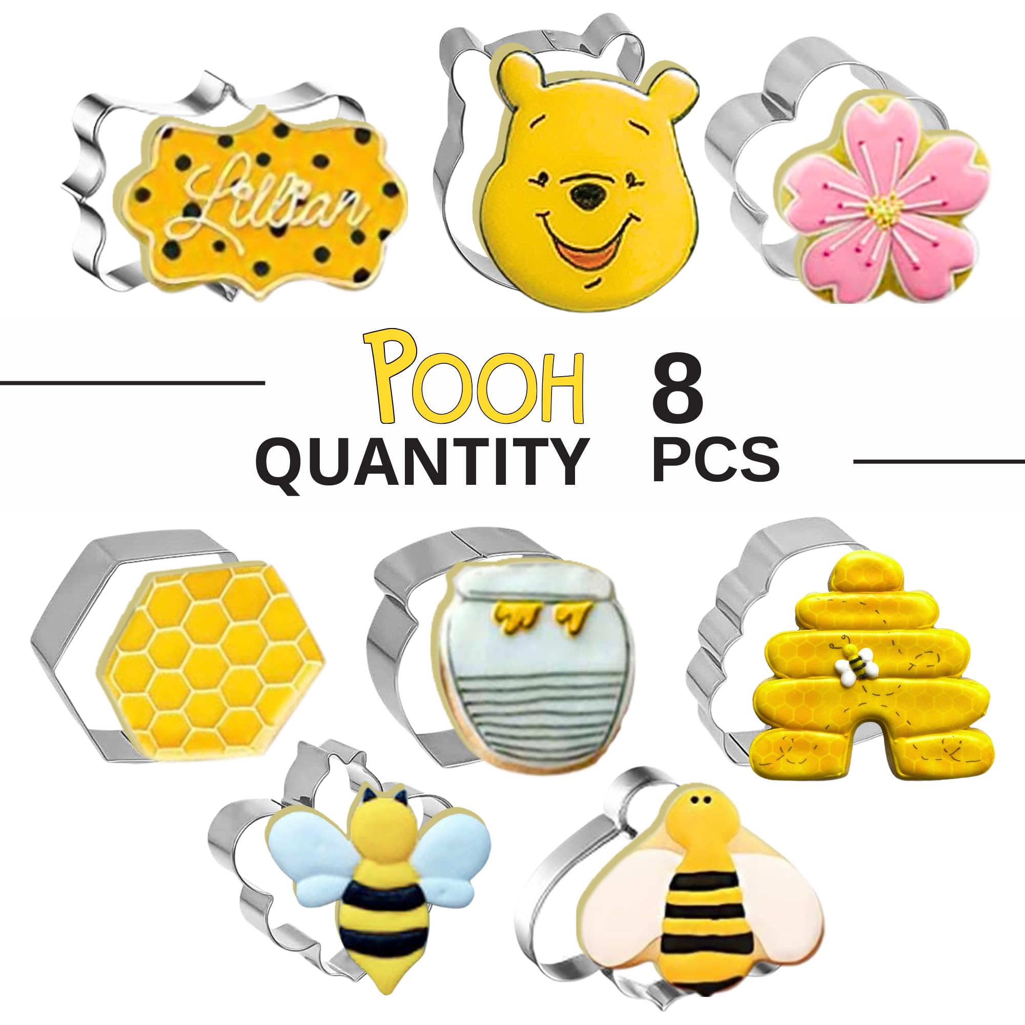 Juego de 8 cortadores de galletas de abeja de acero inoxidable, tarro de miel de colmena de abeja de dibujos animados, diseño de oso de dibujos animados, forma de panal hexagonal, para vacaciones,