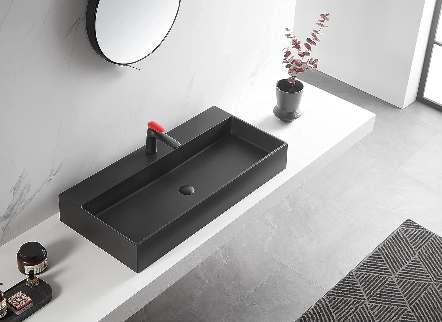 Serene Valley Bathroom Sink, Wall-Mount Install or On Countertop, 40" with Single Faucet Hole, Premium Granite Material in Matte Black