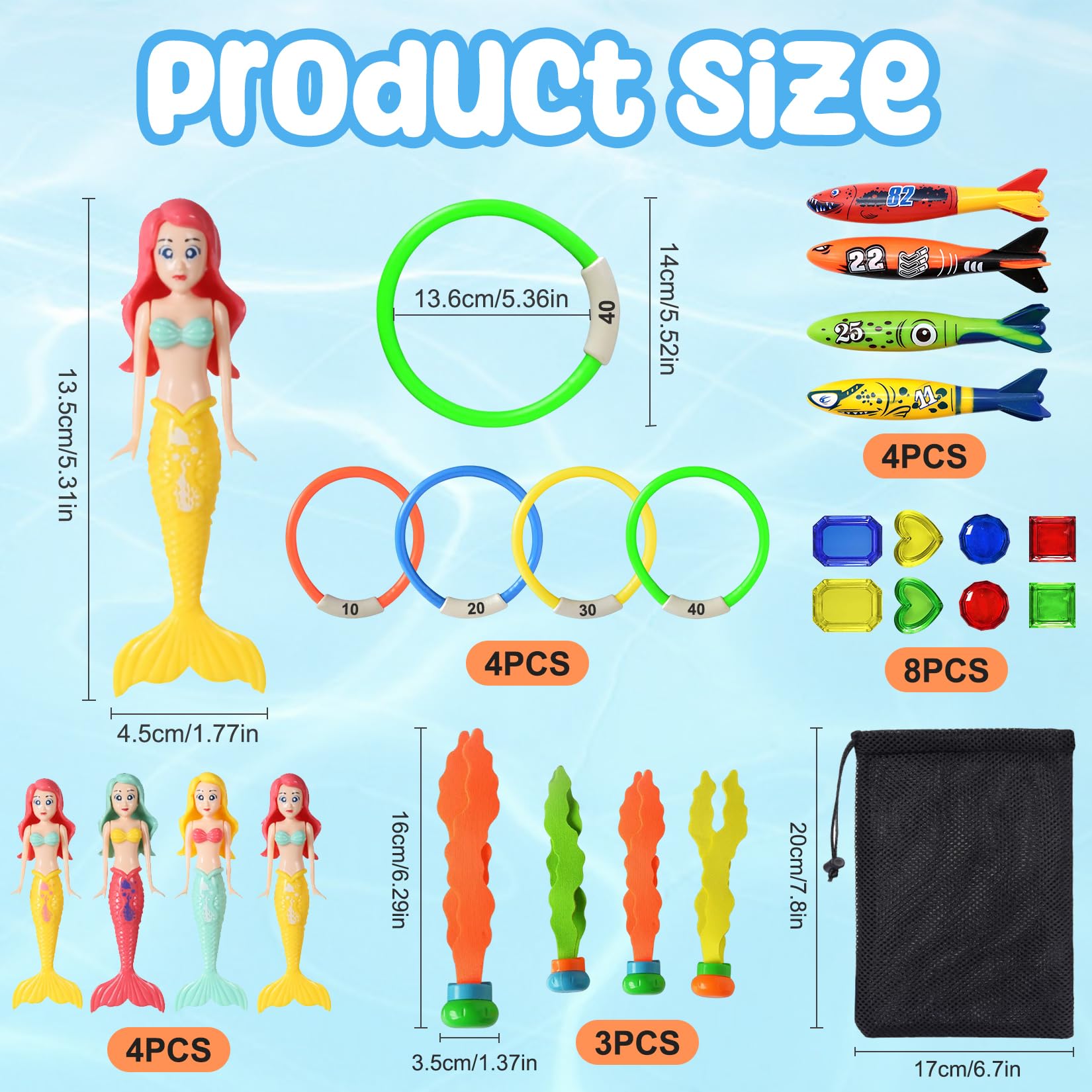 Forhandy Set De 24 Juguetes De Buceo Para Piscina - Anillos, Sirenas, Torpedos Y Piedras Preciosas, Incluye Bolsa De Transporte, Para Niños +5 Años