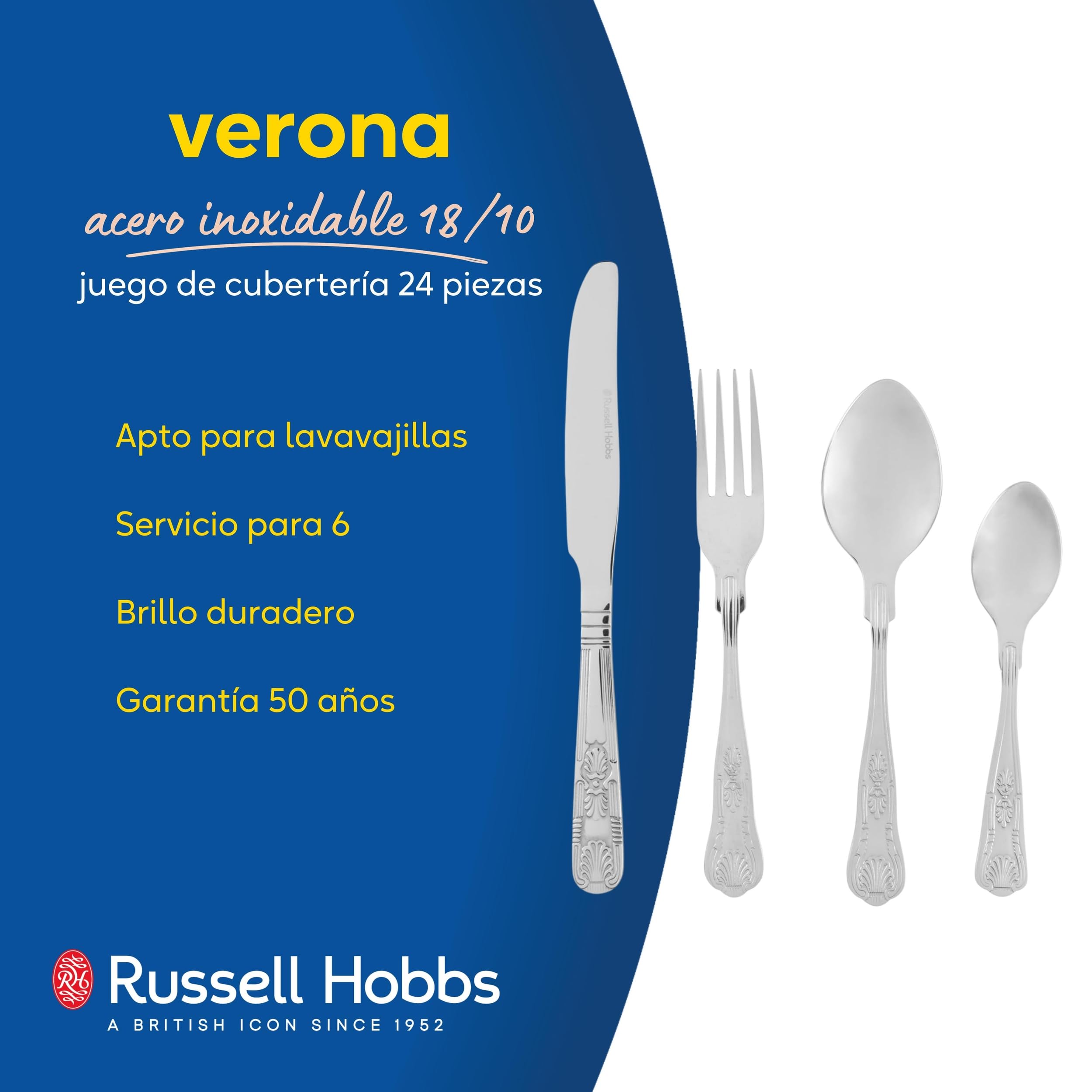 Russell Hobbs Verona Cutlery Set – 24 Piece 18/10 Stainless Steel, Table Utensils for 6 Place Settings, Dishwasher Safe, Forks/Knives/Spoons/Teaspoons Included in Set, 50 Year Guarantee