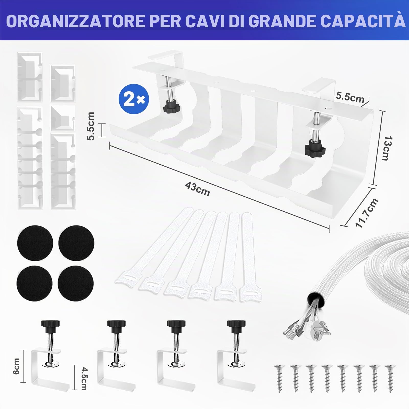 Lannvan Set da 2 Canalina Passacavi - Nascondi Cavi per la Gestione di Cavi e Prese - 43cm Portacavi Sotto Scrivania - No Fori da Trapano - Bianco
