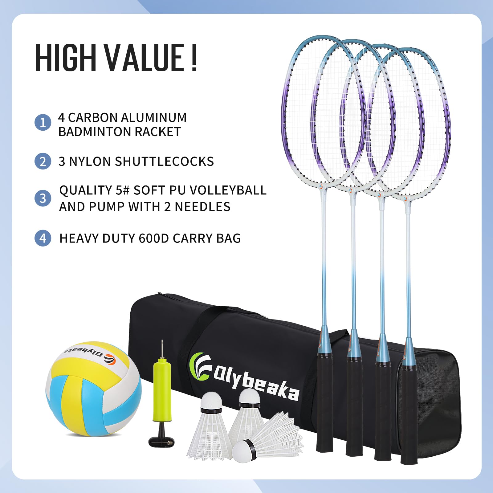 Tragbares Volleyball- und Badminton-Netz-Set für Hinterhof, Strand, mit 2 Netzen (6 m und 9,8 m), verstellbaren Stangen, PU-Volleyball, Aluminiumschläger und Tragetasche, schneller Aufbau und