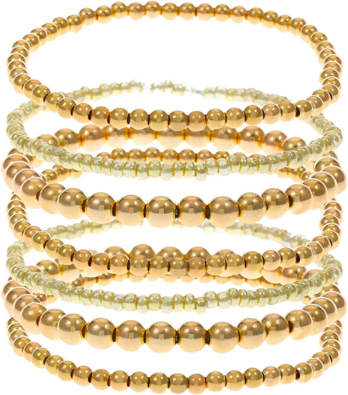 7Pcs Plated Gold Bead Bracelet Set,Minimalist Stackable Dainty Beaded Personalized Bracelet,Trendy Geometric Ball Statement Bangles for Women - Image 8