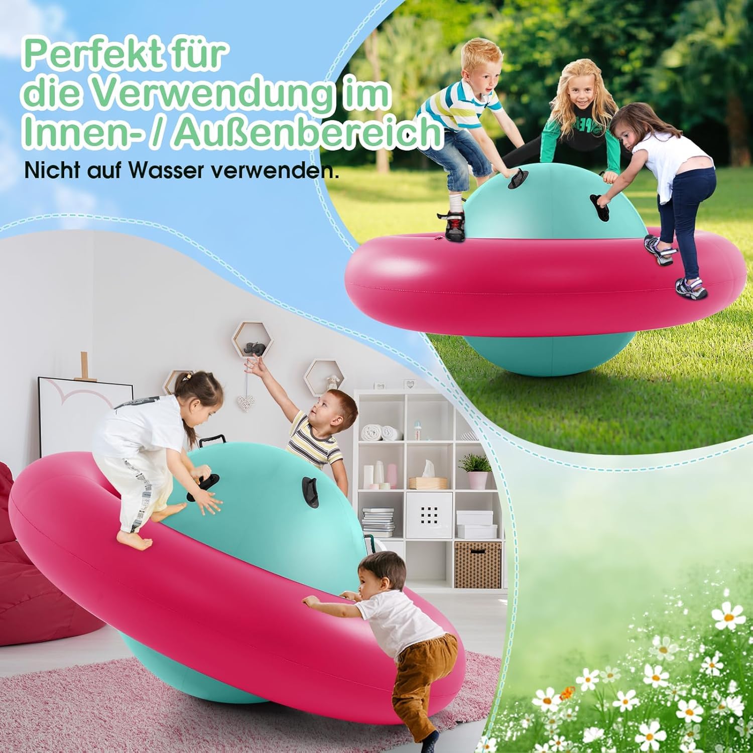 FANTASK Altalena gonfiabile a cupola per bambini, 223 cm, con 6 manici integrati (rosa + verde)