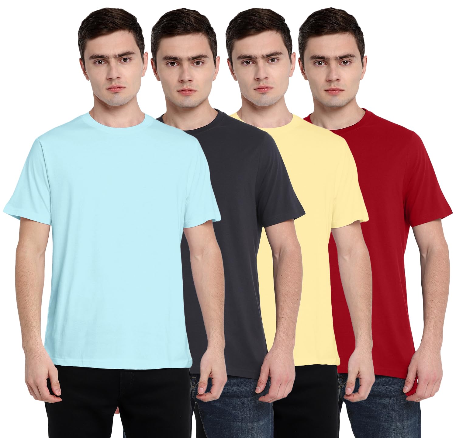 - Men's Round Neck 100% Cotton Regular Fit T-Shirt (Pack of 4)