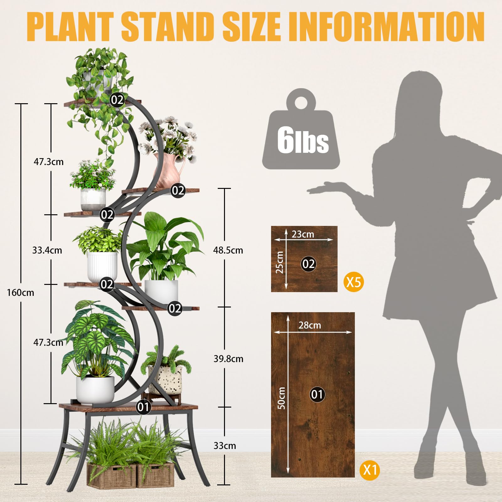 160cm Pflanzenständer Pflanzenregal mit Wachstumslicht für den Innenbereich,Dekoratives Blumenständer,6 Ebenen Blumenregal für Zimmerpflanzen Wohnzimmer,Metall Holz Blumentreppe