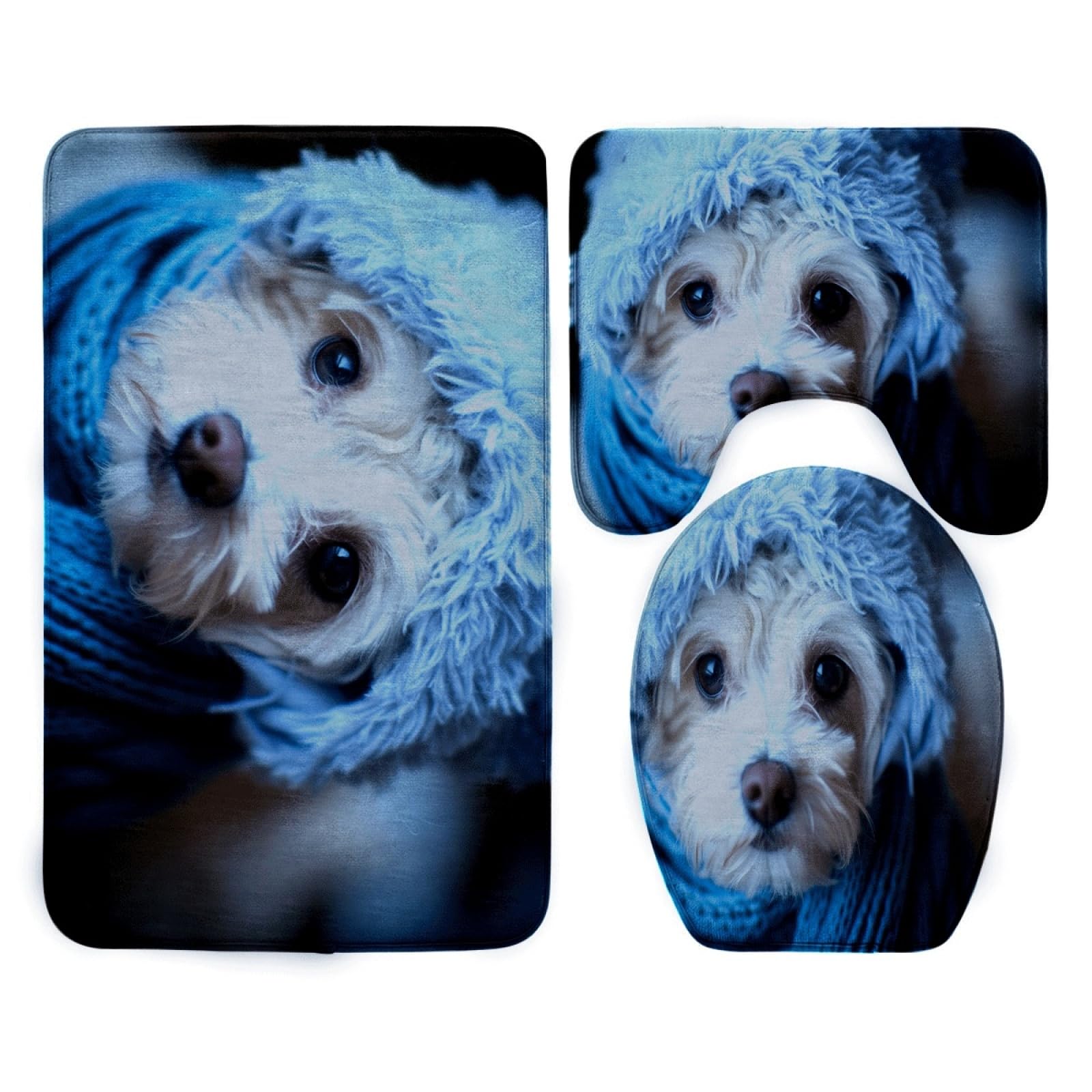 Tapis de toilette forme de U antiderapant bleu motif chien blanc