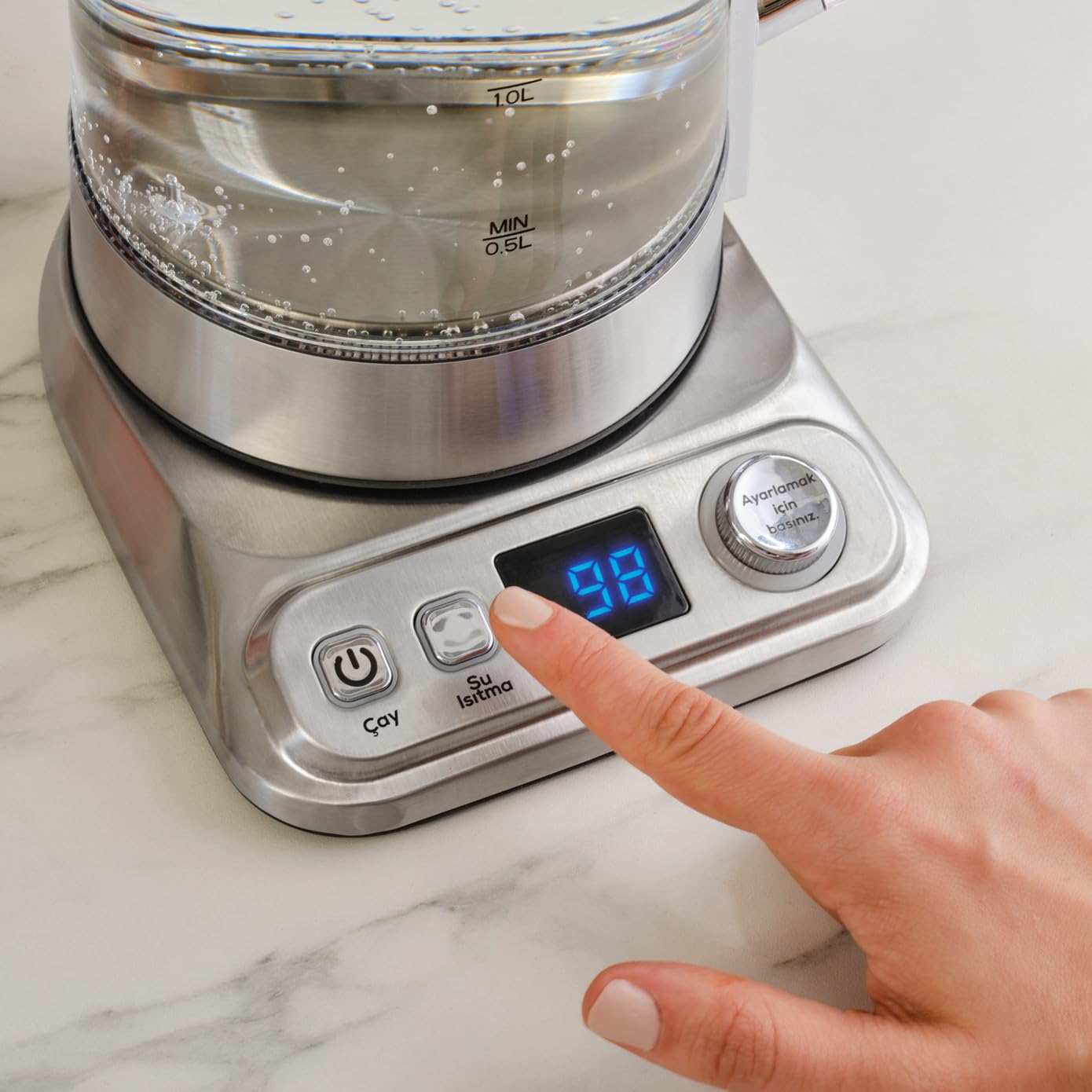 Karaca X Refika XL Tetera automática & Caydanlik, hervidor de agua de 2 L y tetera de cristal de 0,8 l, multitemperatura, modo ecológico, 2200 W, tetera para familia e invitados, cromo