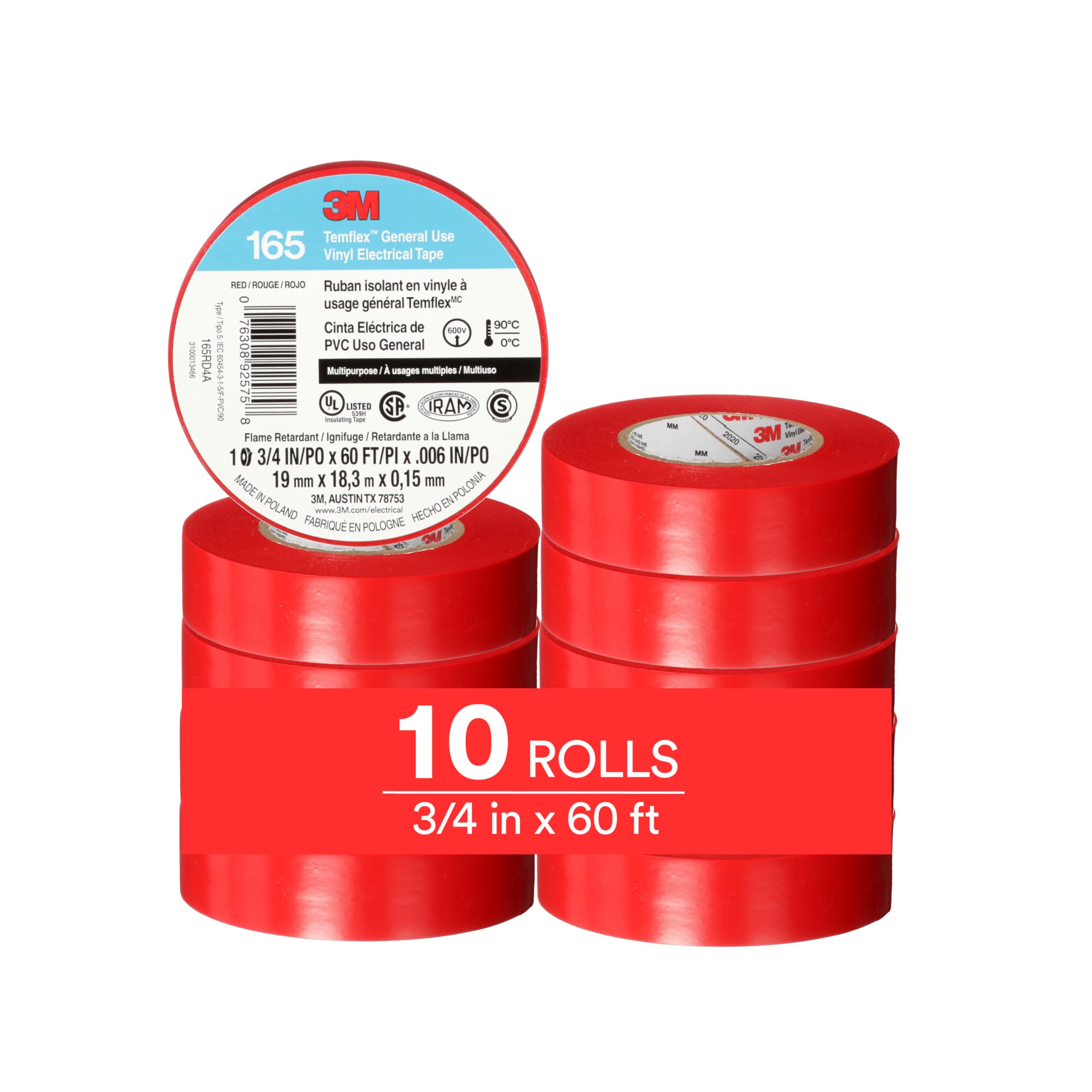 3MTemflex Multi-Purpose Vinyl Electrical Tape 165, Red, 3/4 in x 60 ft (19 mm x 18 m), 10 Roll Pack