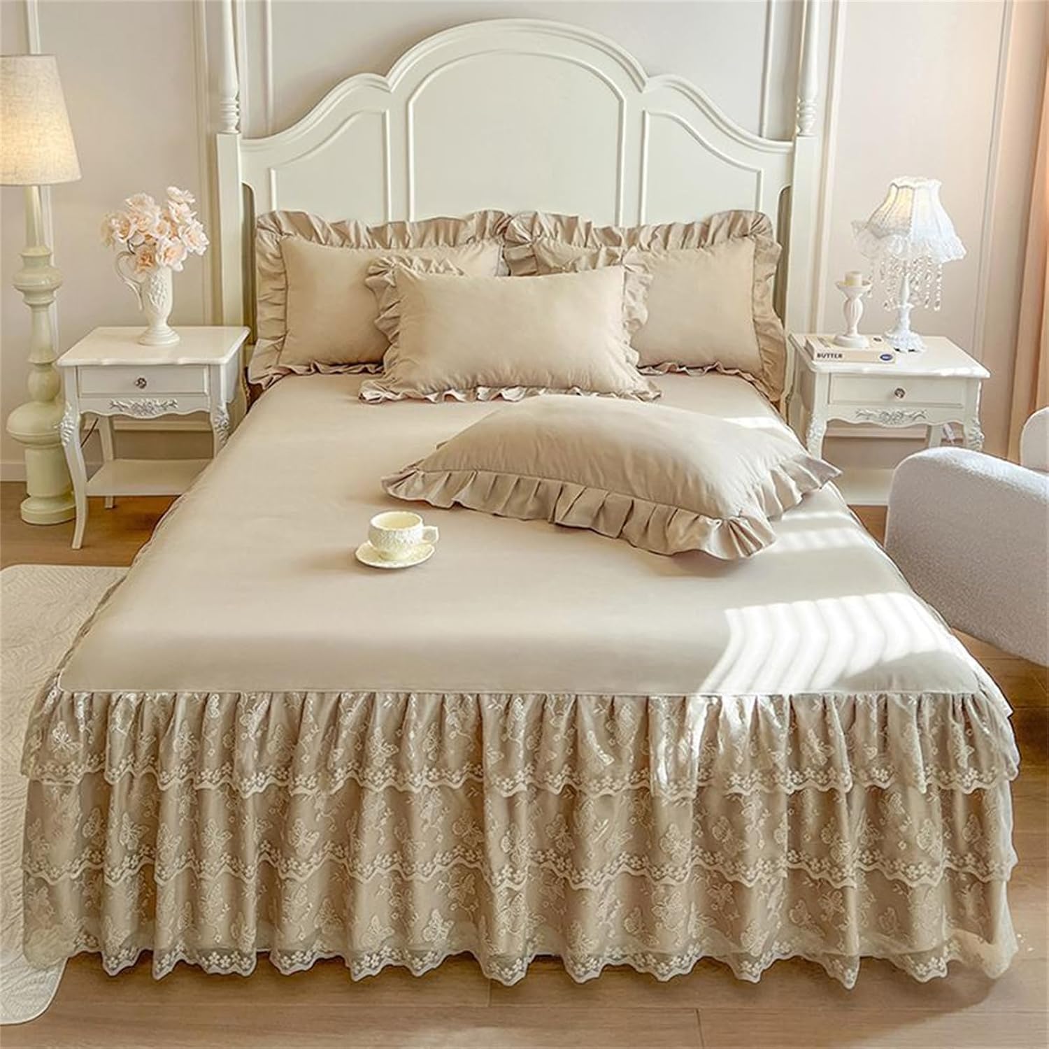 Drap de lit avec jupe kaki 200x220 pour chambre parentale cocoon