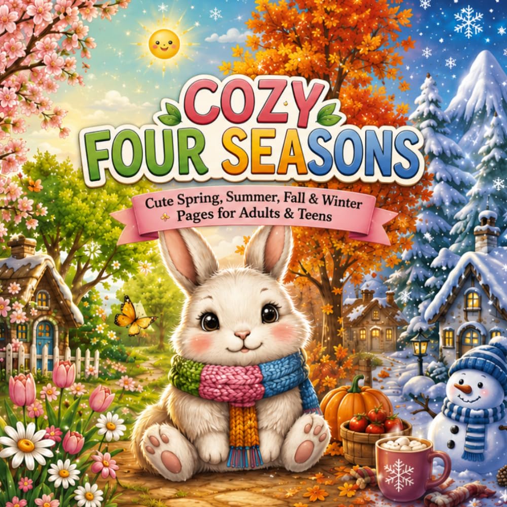 Four Seasons Bunny Coloring Book: Cute Spring, Summer, Fall & Winter Coloring Pages for Adults and Teens