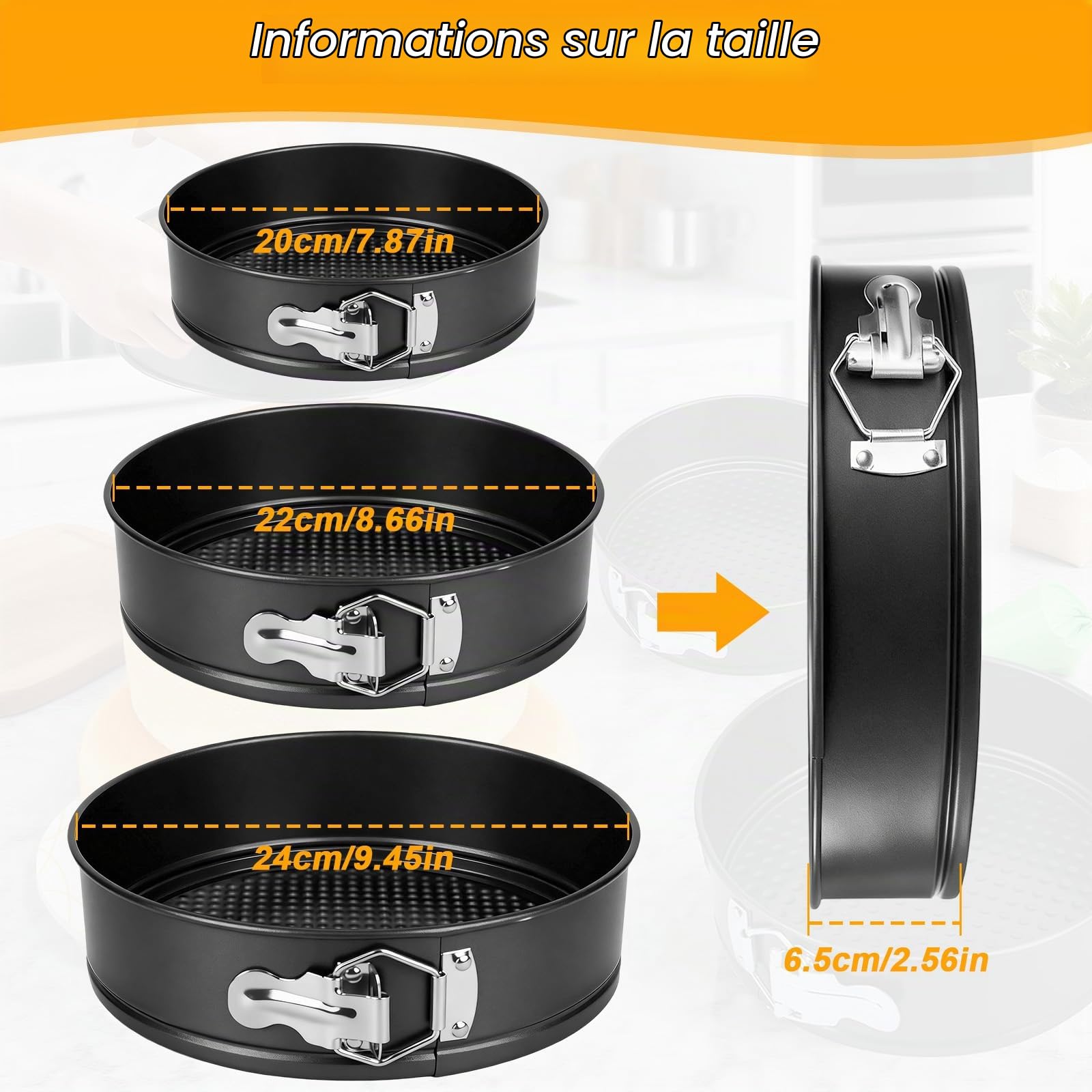 3 Pièces Moules Gâteau Rondes, Moule Charnière avec Fond Amovible, Ensemble Cuisson Gâteaux Antiadhésif, Moule Acier Carbone pour Gateau Fromage, Pâtisserie, Pizzas, Quiches (20cm/22cm/24cm)