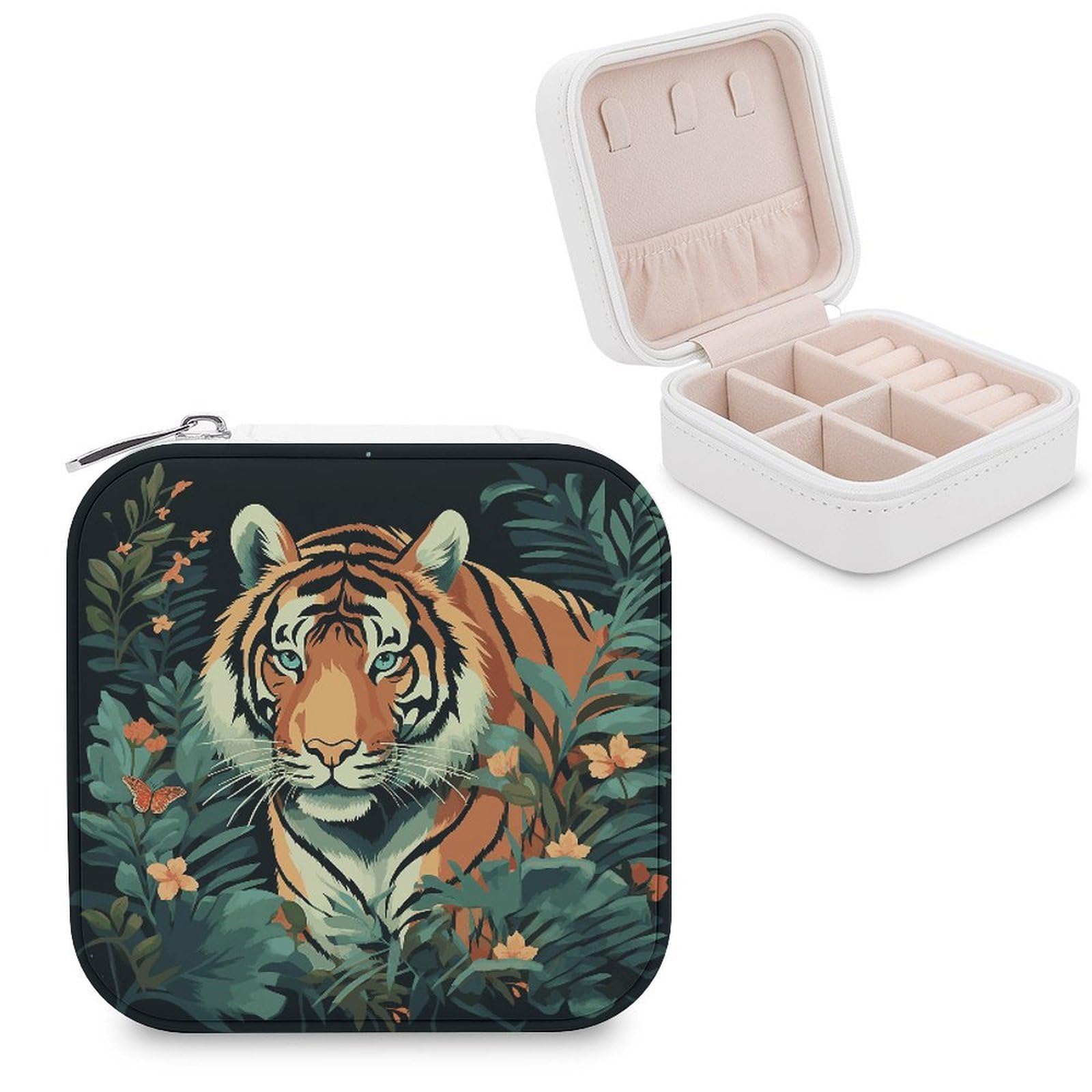 JTREHY Travel Butterfly And Tiger Jewelry Case Portable Display Storage Box PU Leather Mini Jewelry Travel Case Personalized Travel Jewelry Organizer Small Jewelry Box for Women