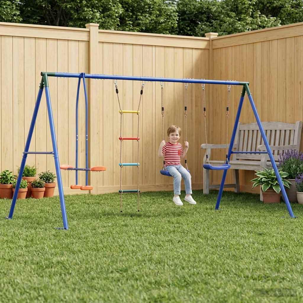 Mehrfarbiges Outdoor Schaukelset 330 x 185 x 185 cm Stahl PE Spielplatz für Kinder ab 3 Jahren mit höhenverstellbarem Sitz wetterfestem Rahmen und Zubehör