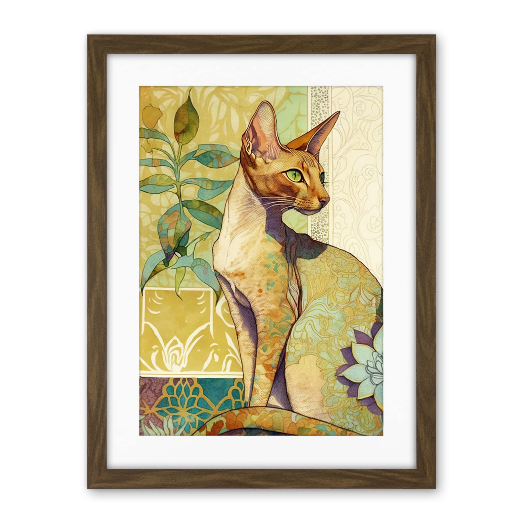 Artery8 Oriental Shorthair Cat with Art Nouveau Botanical Patterns Colourful Watercolour Illustration Artwork Framed Wall Art Print 18X24 Inch