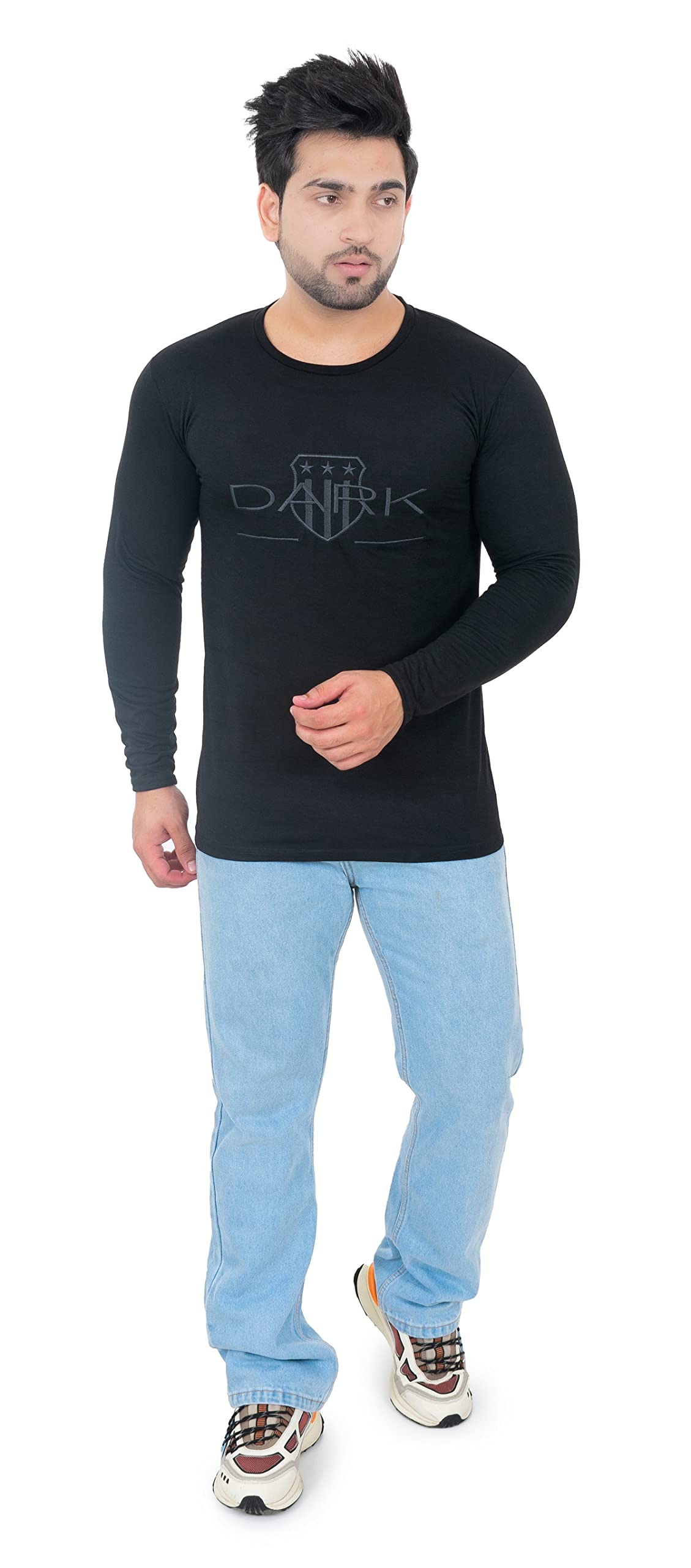 SKYBENRound Neck Embroidered Full Sleeves Polycotton T Shirt in Black_31