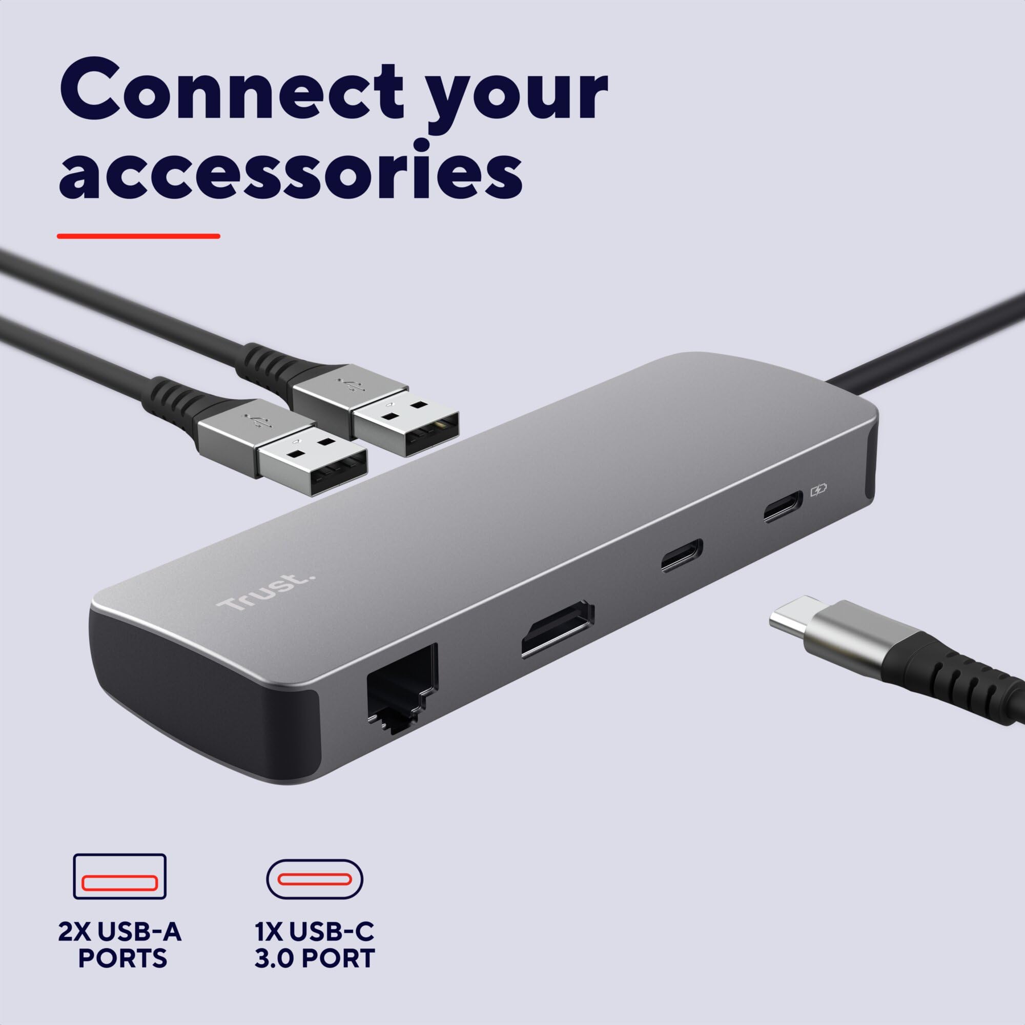 Trust Vylor Hub USB-C 8-w-1 z portami HDMI 4k60Hz, Gigabit Ethernet | czytnik kart MicroSD/SD, USB-A, port ładowania 100W, kompaktowy adapter do PC Laptopa Dell HP Asus MacBook