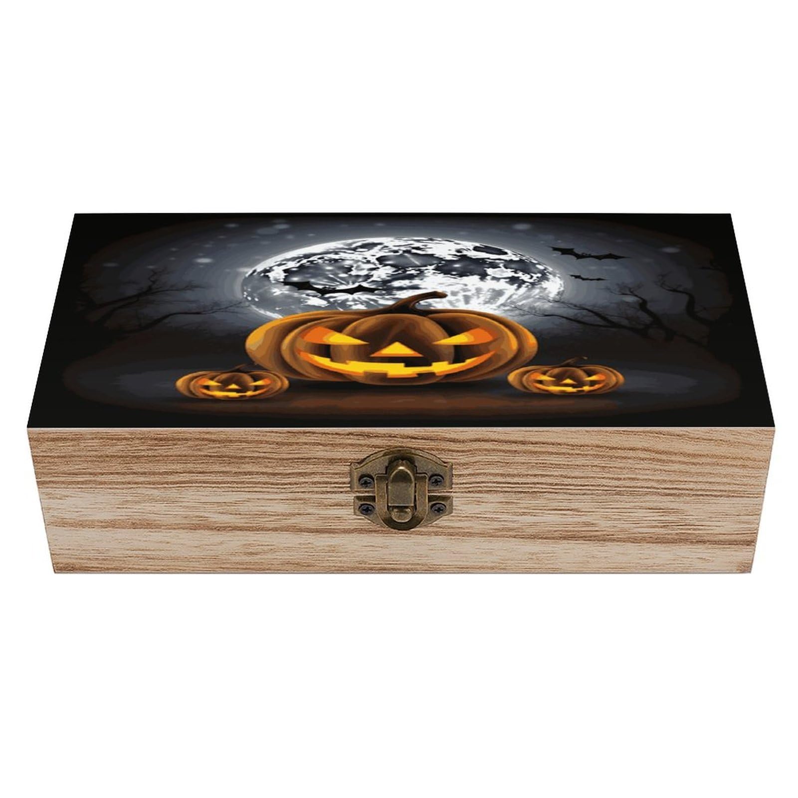 Btcowzrv Style Halloween Moon Bat Pumpkin Wooden Storage Box, Keepsake Box With Hinged And Retro Lock, Wood Jewelry Organizer For Photos & Mementos And Home Decor