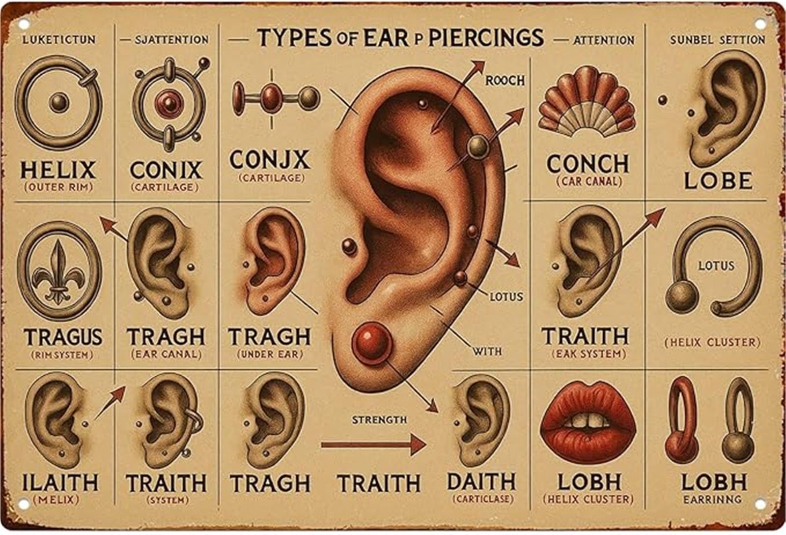 XHAJCSJWGD Classic Ear Piercing Chart Humorous Metal Sign for Home Bedroom Man Cave Clubhouse 8 X 12 in