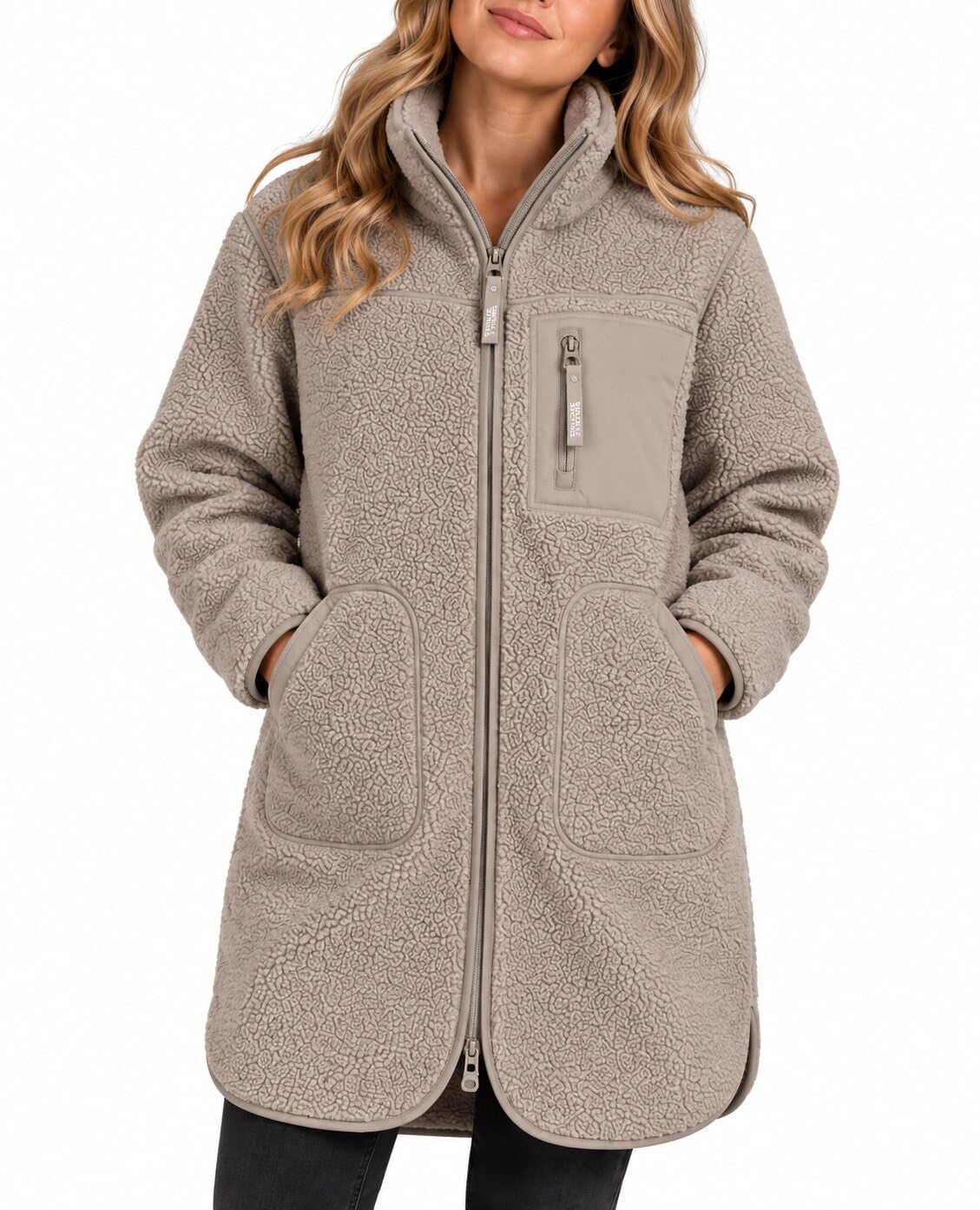 Sublevel Damen Teddy Fleece Mantel Lang – Kuschelige Teddyjacke mit Stehkragen, 2-Wege-Reißverschluss & Taschen – Fleecemantel für Herbst Winter