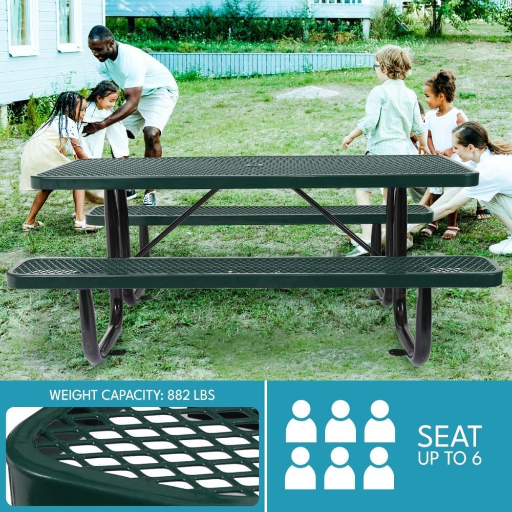 6 Foot Green Rectangular Outdoor Picnic Table with Steel Frame, Umbrella Hole, Durable and Weather-Resistant, Seating for Several
