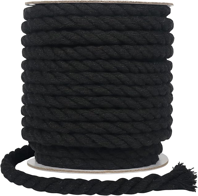 tenn well 8mm Thick Cotton Rope, 60 Feet Multifunctional Craft Rope for Macrame Knitting, Wall Hangings DIY Crafts and Decoration (Black)