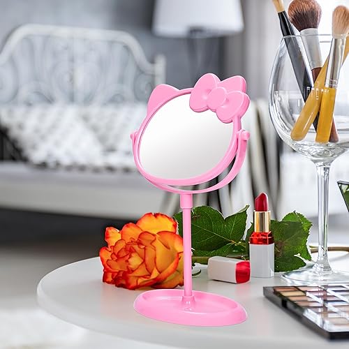 Miniatura 5 de Espejo de maquillaje de escritorio de gatito, bonito espejo compacto de gatito rosa con soporte de almacenamiento de maquillaje, adecuado para baño