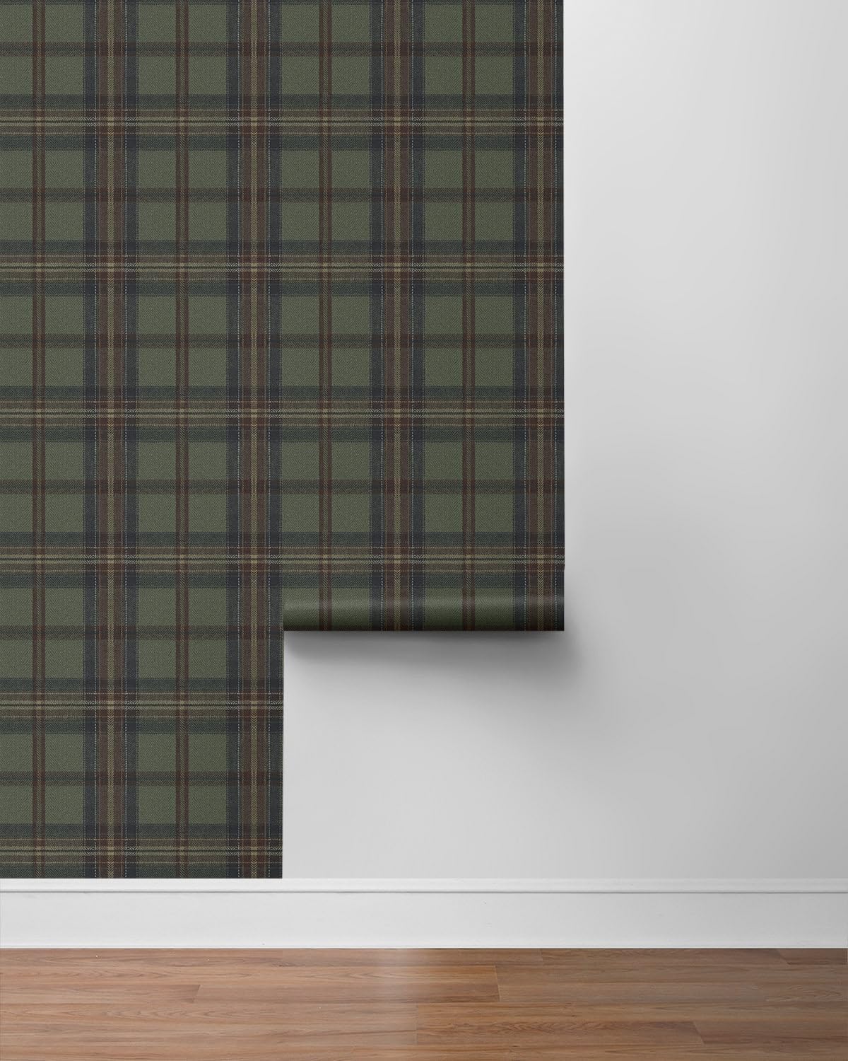 NextWall Harry & Grace Herringbone Plaid Premium Matte Non-Woven Peel and Stick Wallpaper (Adobe & Antique Green)