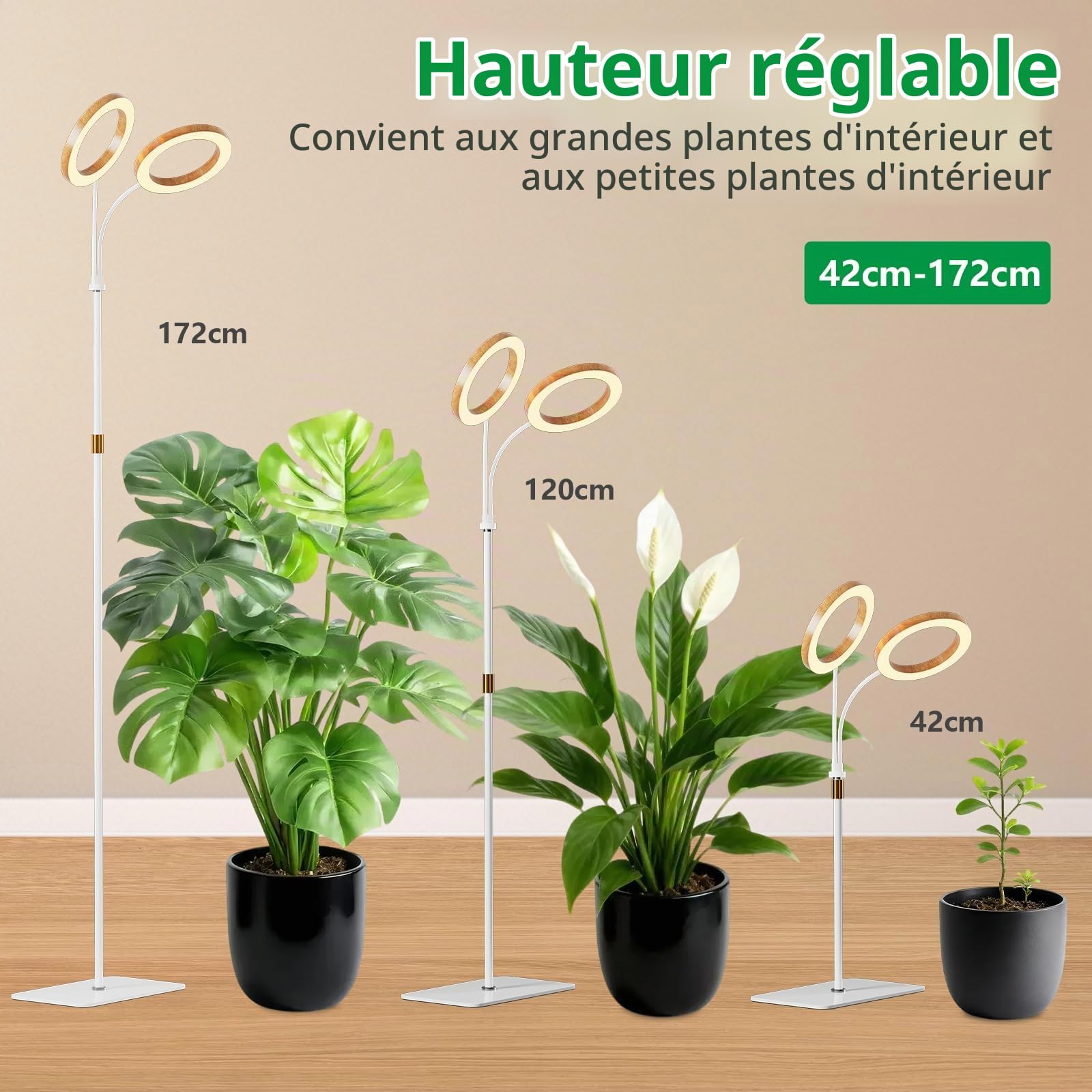 2 têtes Lampe de Croissance avec Support, Lampe Pour Plante à spectre complet pour plantes d'intérieur, Minuterie Automatique 6/12/18H, 42-155cm Einstellbare Höhe für hohe Pflanzen（Faux grain de bois）