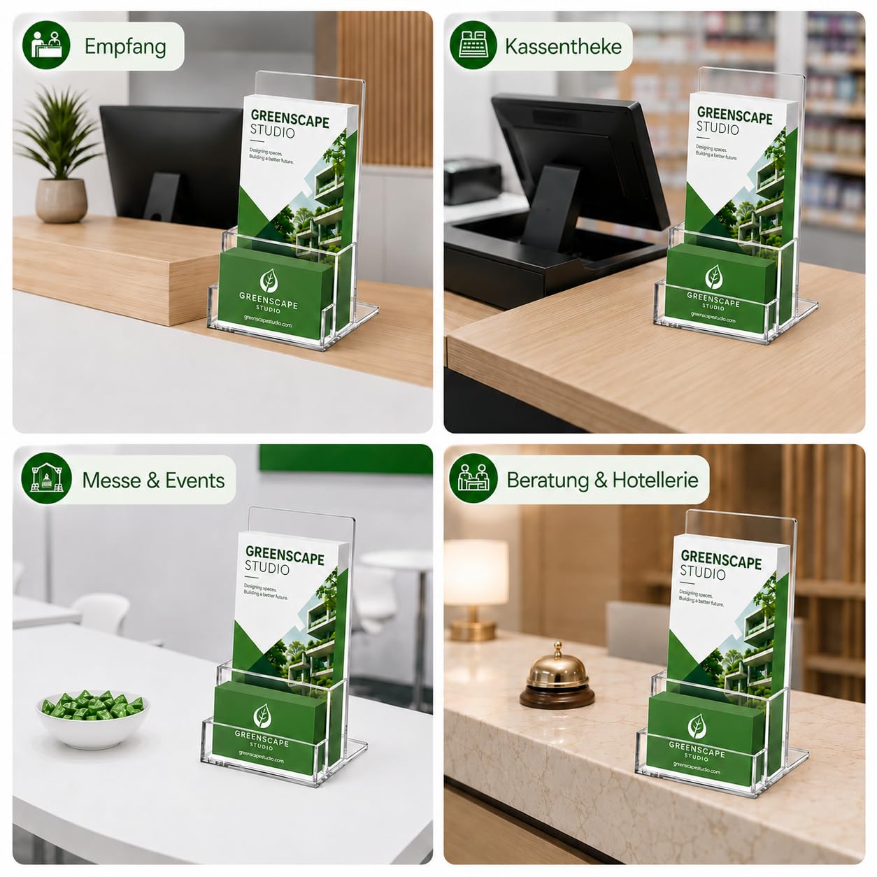 Juego de 4 soportes para folletos de acrílico A6, soporte transparente para folletos con compartimento para tarjetas de visita integrado, soporte para folletos de mesa para mostrador