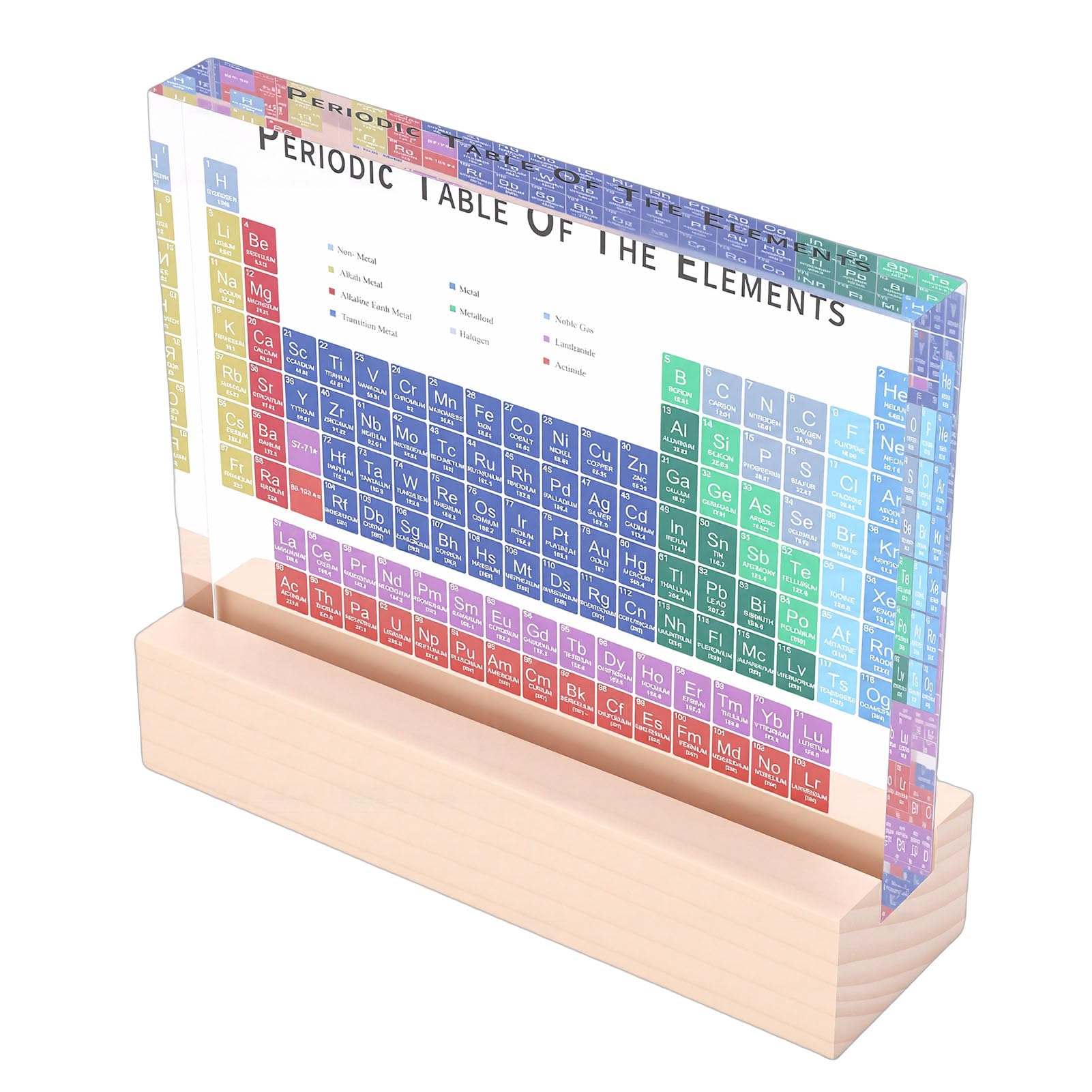 Fockety Periodic Table, Acrylic Display with Light and Wooden Stand, Colored Pattern Stickers Transparent Desktop Decoration for Students Teachers Chemistry Enthusiasts Classroom Home
