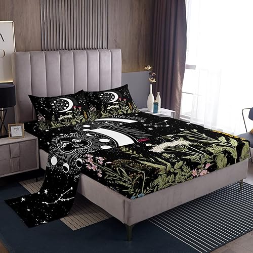 Juego de sábanas bohemias con diseño de sol y luna para niños y adolescentes, diseño bohemio, exótico, negro y blanco, galaxia, estrellas, juego de