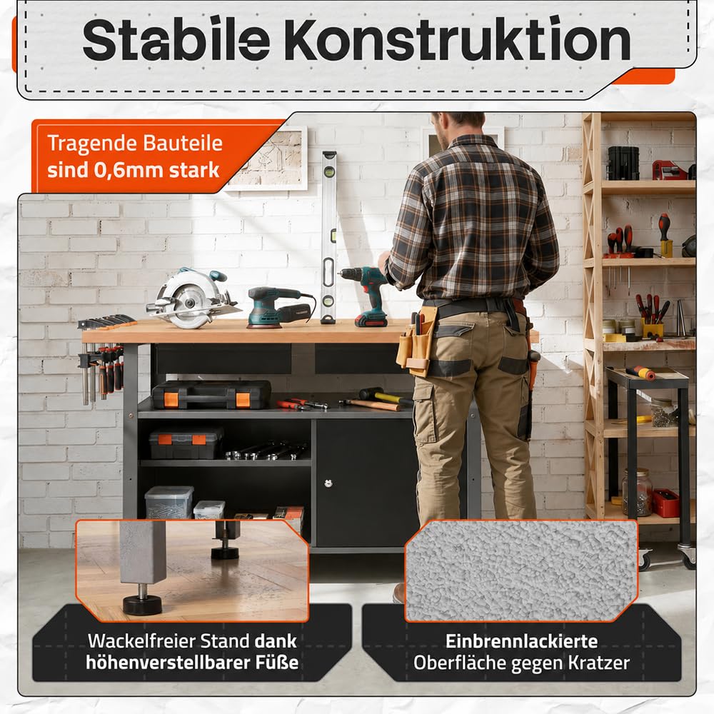 Ondis24 Werkbank Fritz - Höhenverstellbare Werkbank Mit Schubladen, Metall Anthrazit, 120x60x85cm, 28mm Dicke Buchen-Arbeitsplatte, Abschließbare Tür, Belastbar Bis 250kg - Perfekt für Werkstätten
