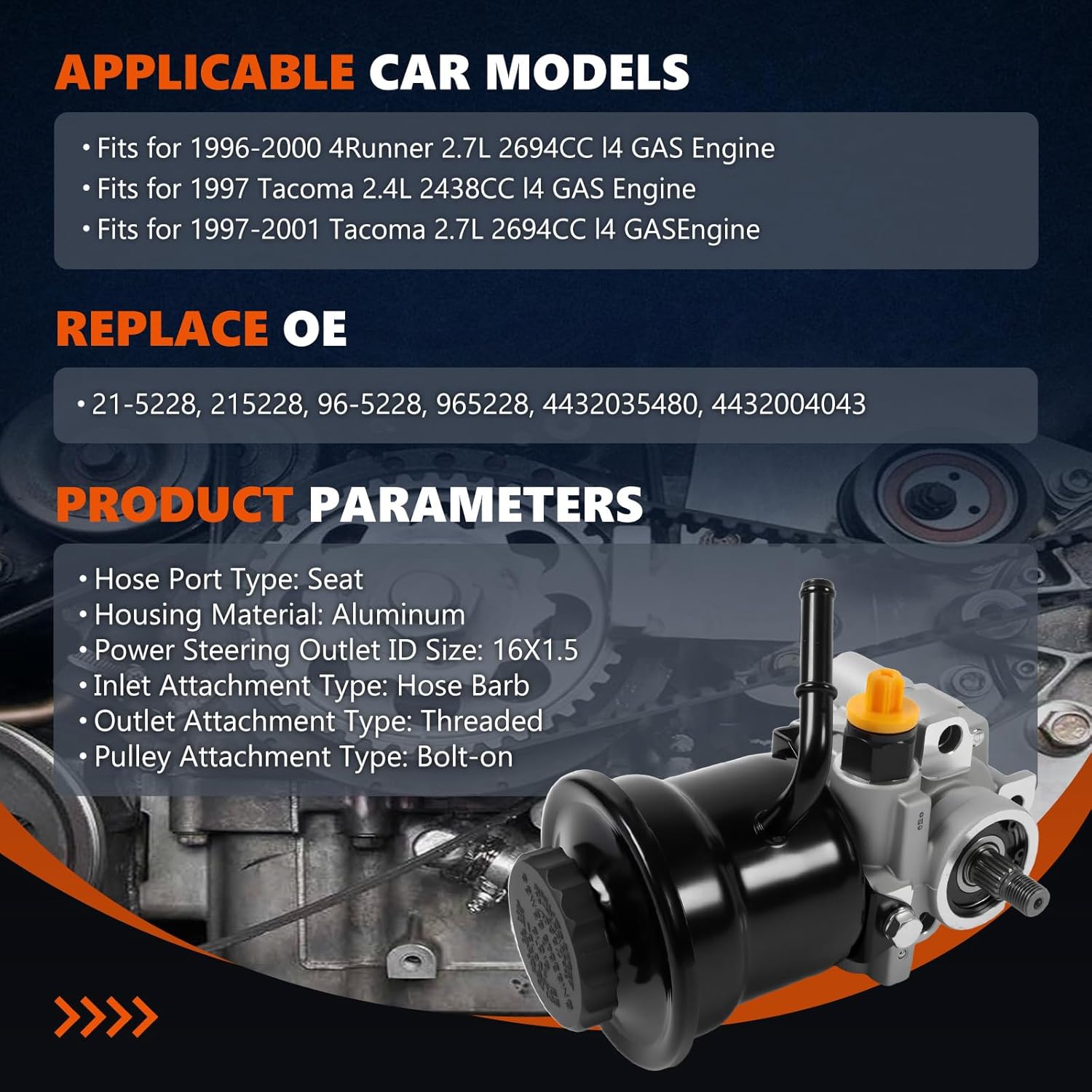 21-5228 Power Steering Pump with Reservoir Fits for 1996-2000 4Runner 2.7L, 1997-2001 Tacoma 2.4L 2.7L, OE-Quality Power Assist Pump, Replace OE 4432035480