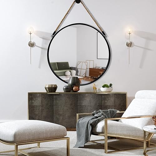 Miniatura 40 de POZINO Espejo redondo, espejo colgante de 24 pulgadas con cuerda, espejos de pared circular, marco negro, espejos de granja para baño, dormitorio