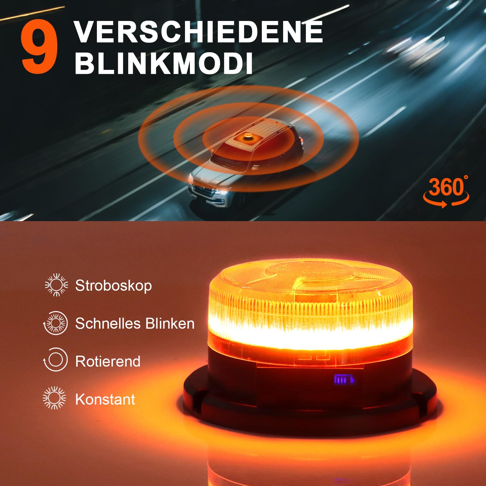 AnTom Rundumleuchte Akku mit Akkustandanzeige 9 Blitzmuster LED Rundumleuchte 12V Magnet Warnleuchte Gelb Autoladekabel und USB-Kabel für Auto Traktor SUV
